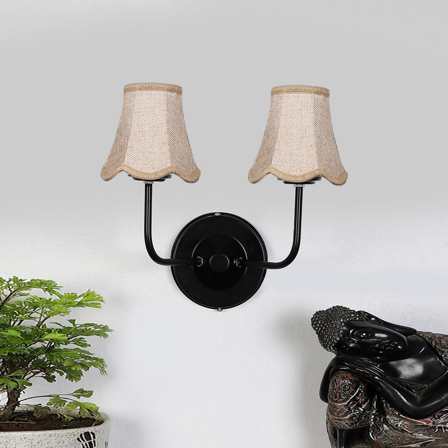Devansh Dual Black Wallmounted Lamp With Beige Jute Shade