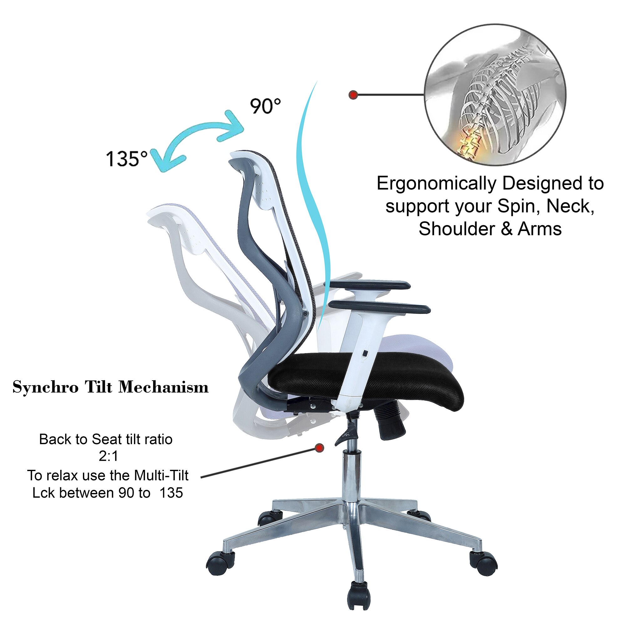 Wiwngas Mid Back Ergonomic Chair in Black Colour