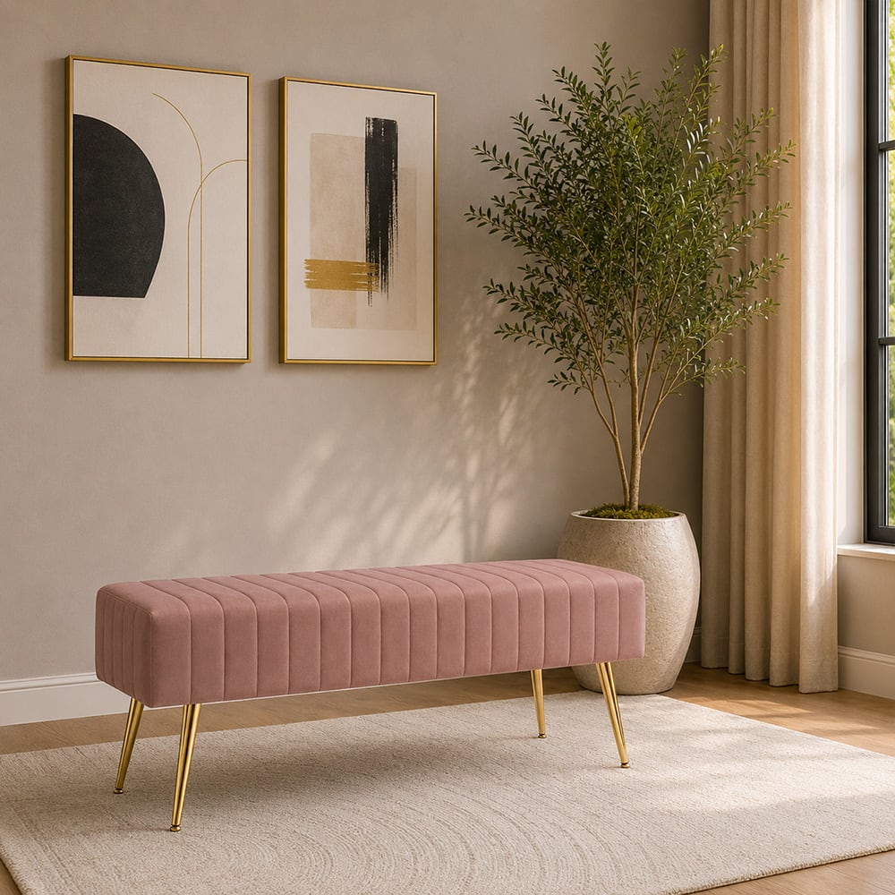 Doe Buck Upholstered Bench in Pink Colour with Channel Stitching and Gold Legs - Doe Buck