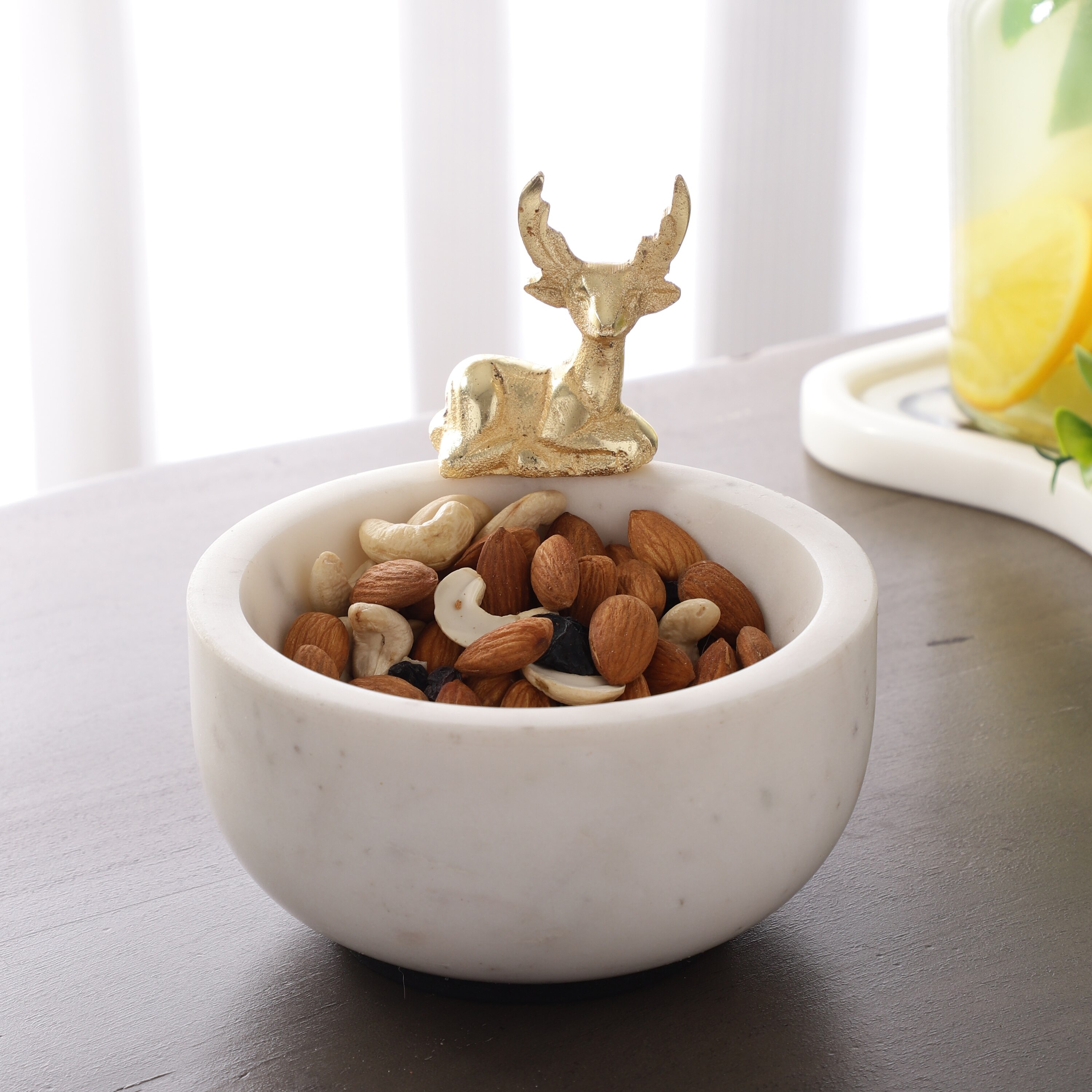 Marble Nut candy  Bowl Brass Antler embedded