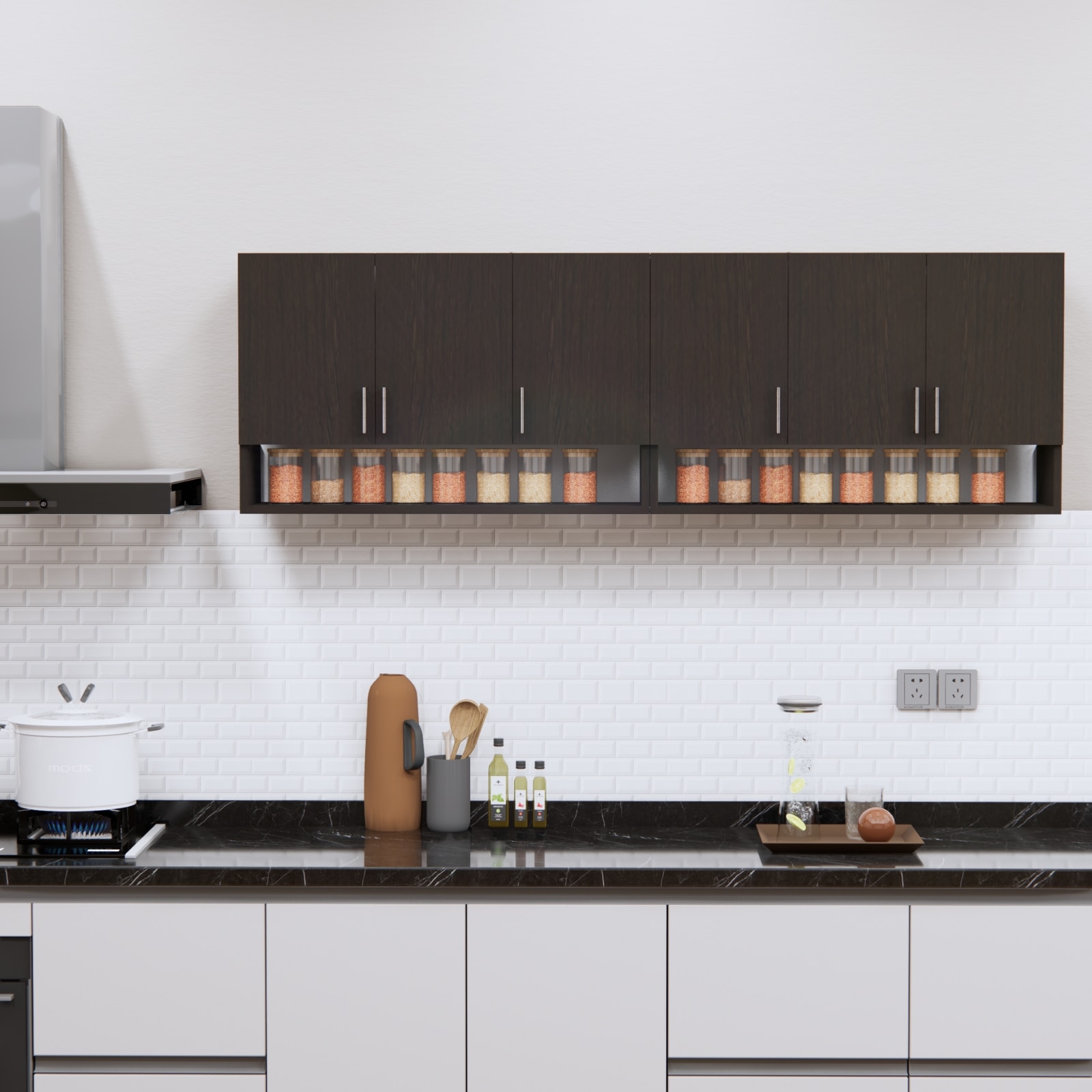 speciality panels 6 Doors Modular Wall Mounted Kitchen Cabinet With Organizer Shelf In Chiyoda Wange Finish-picture-28