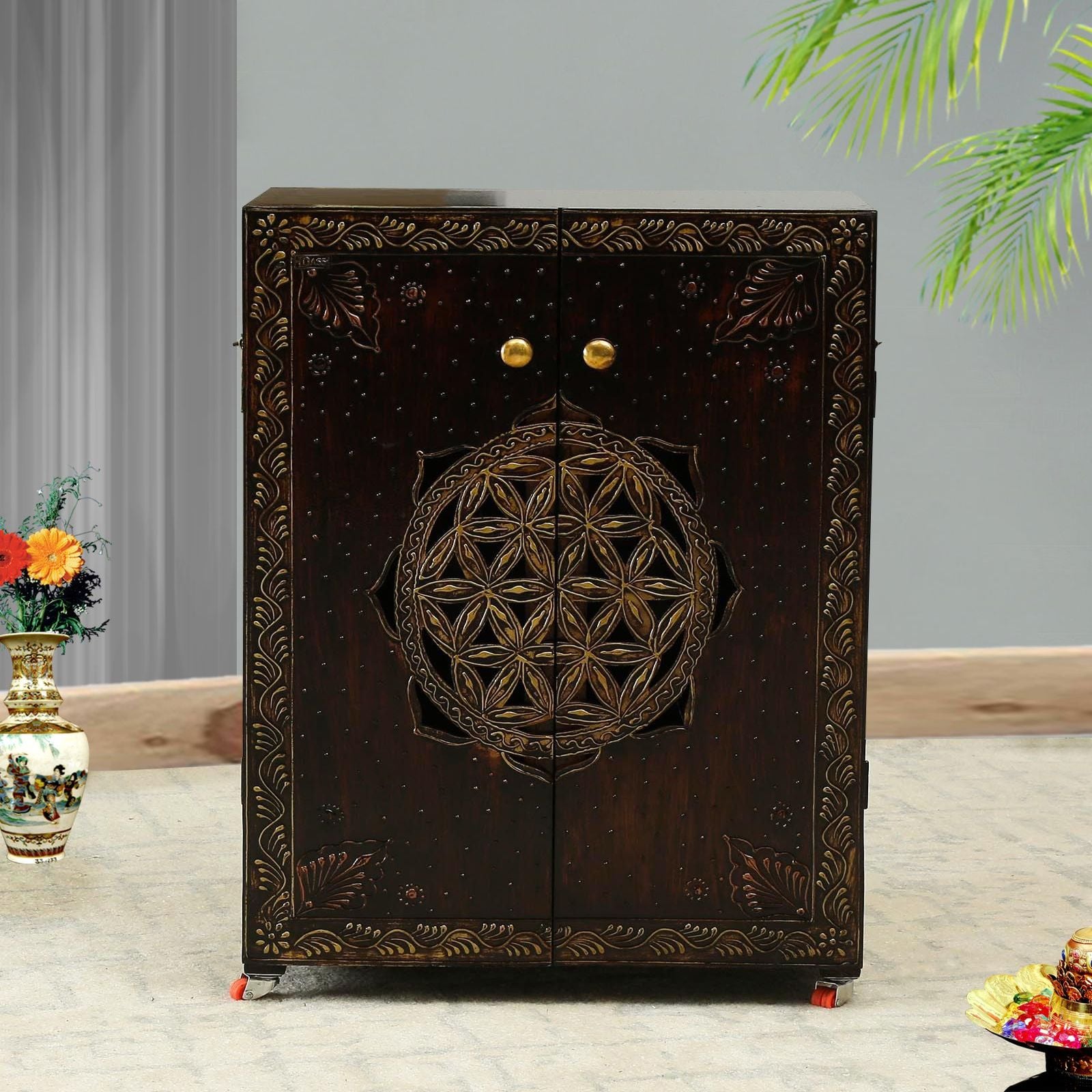 D'Dass Big Wooden Temple For Pooja Cabinet In Home and Office With Door