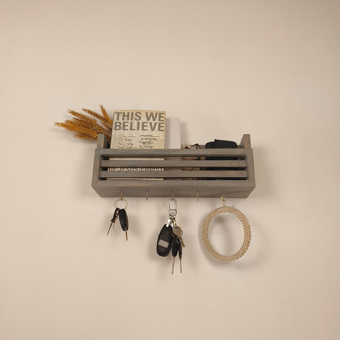 Claude Wooden Wall Shelf Organiser With Key Holders