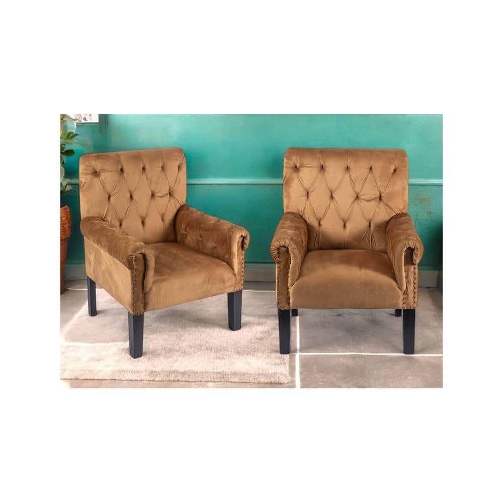 Arista Sheesham Wood Set of 2 Accent Chair in Taupe Brown Velvet Upholstery