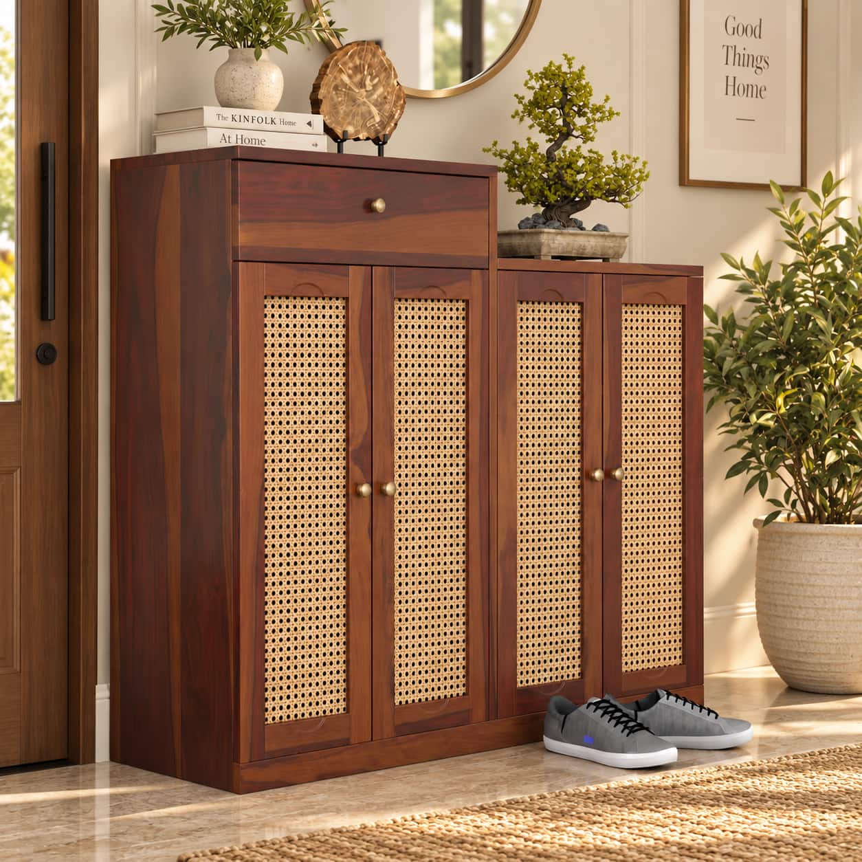 Danta Sheesham Wood Shoerack In Provincial Teak Finish with Rattan Door