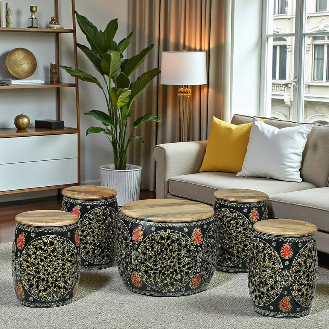 Ethnic Handcrafted Painted Metal Coffee Table with 4 Stools in Multicolour Finish Set of 5 - Bhavya Exports