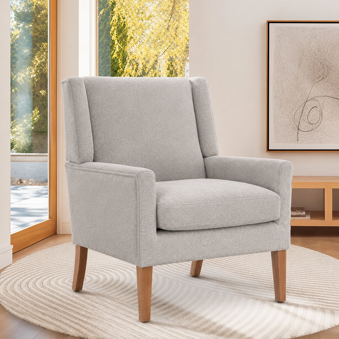 Leston Boucle Fabric Lounge Chair in White Colour - KURSIWALLAH