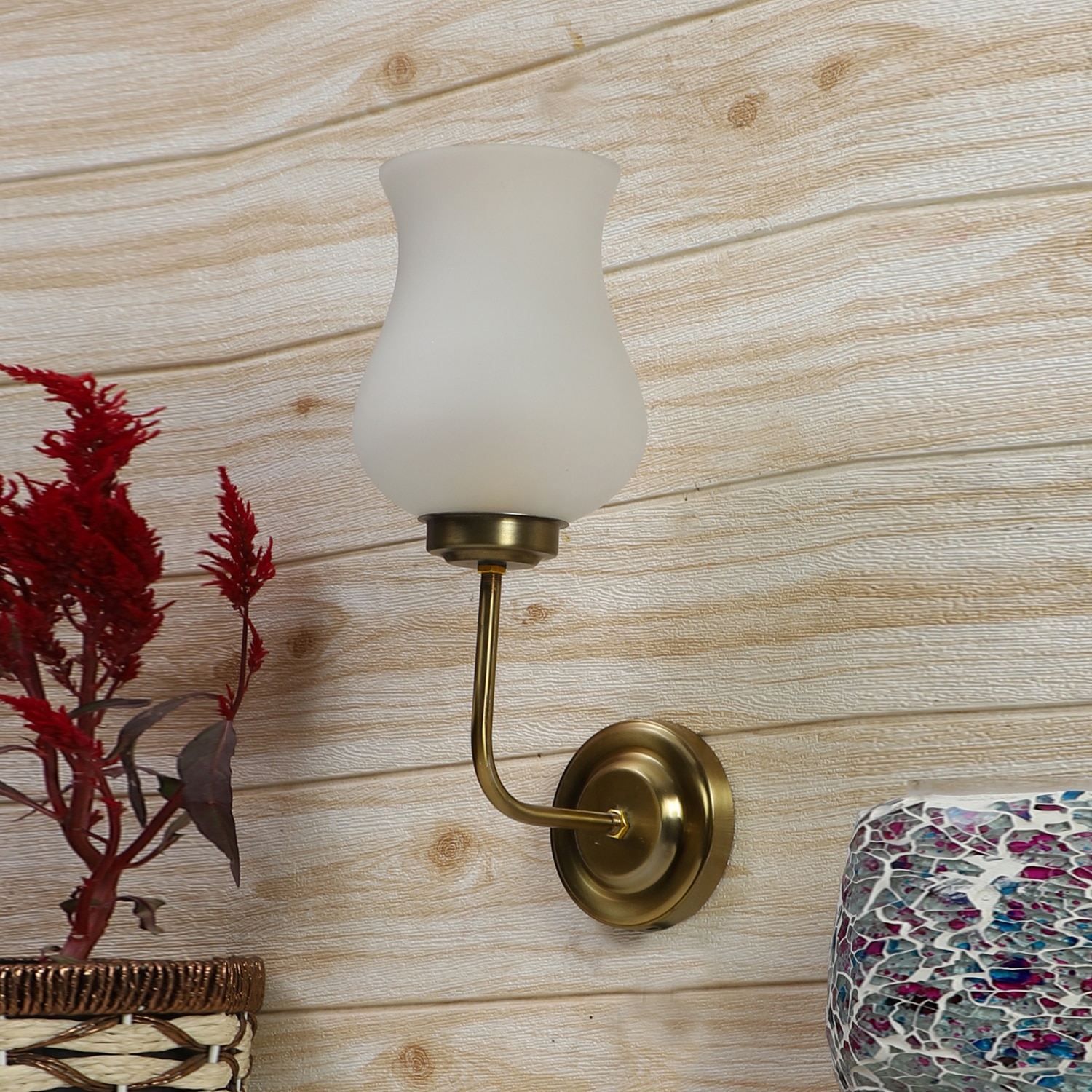 Devansh Metal Electric Wall Light in Gold Colour with White Shade Count of 1 Light - Devansh