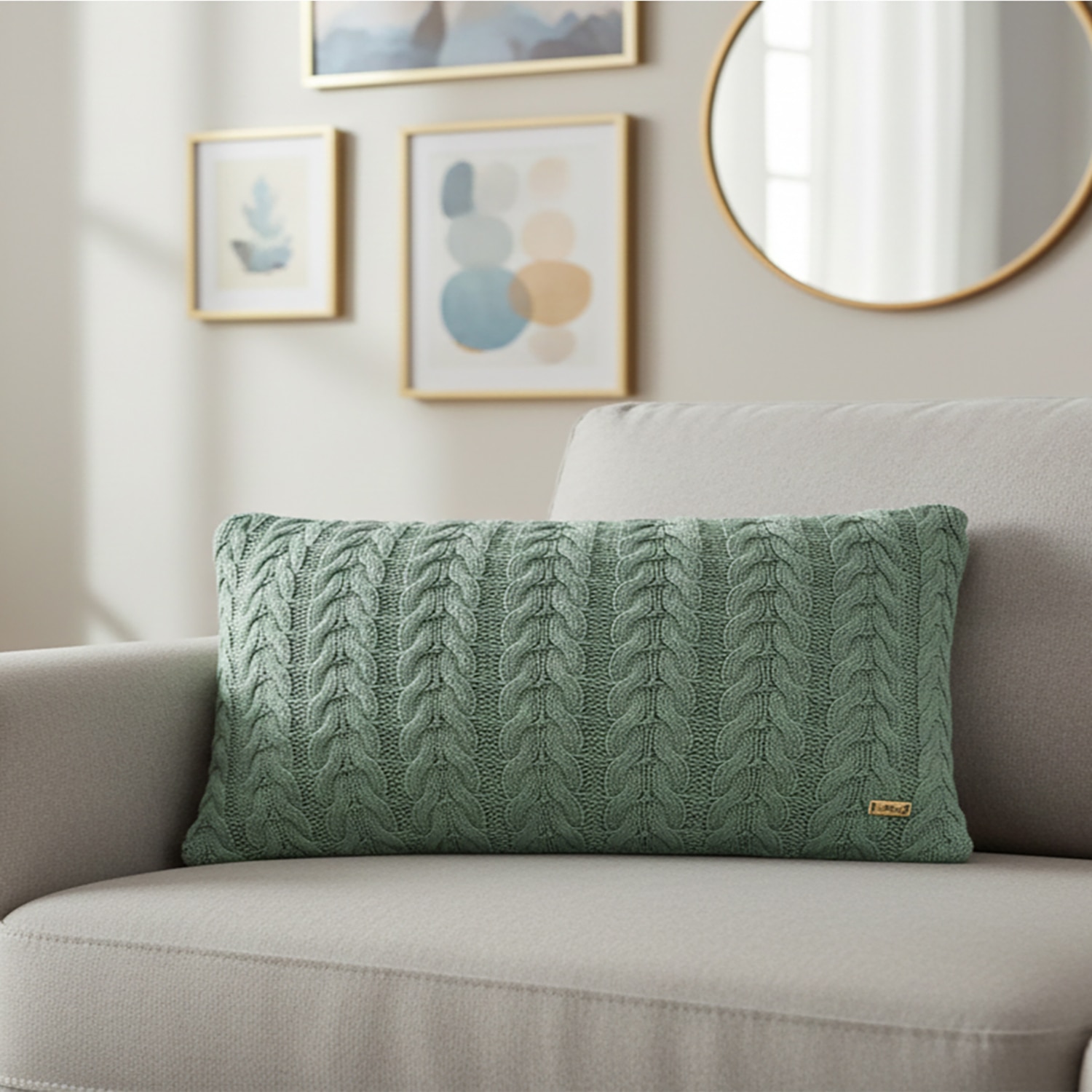 Colette Granite Green Cotton Knitted Cushion Cover 12X20 Inches - Pluchi