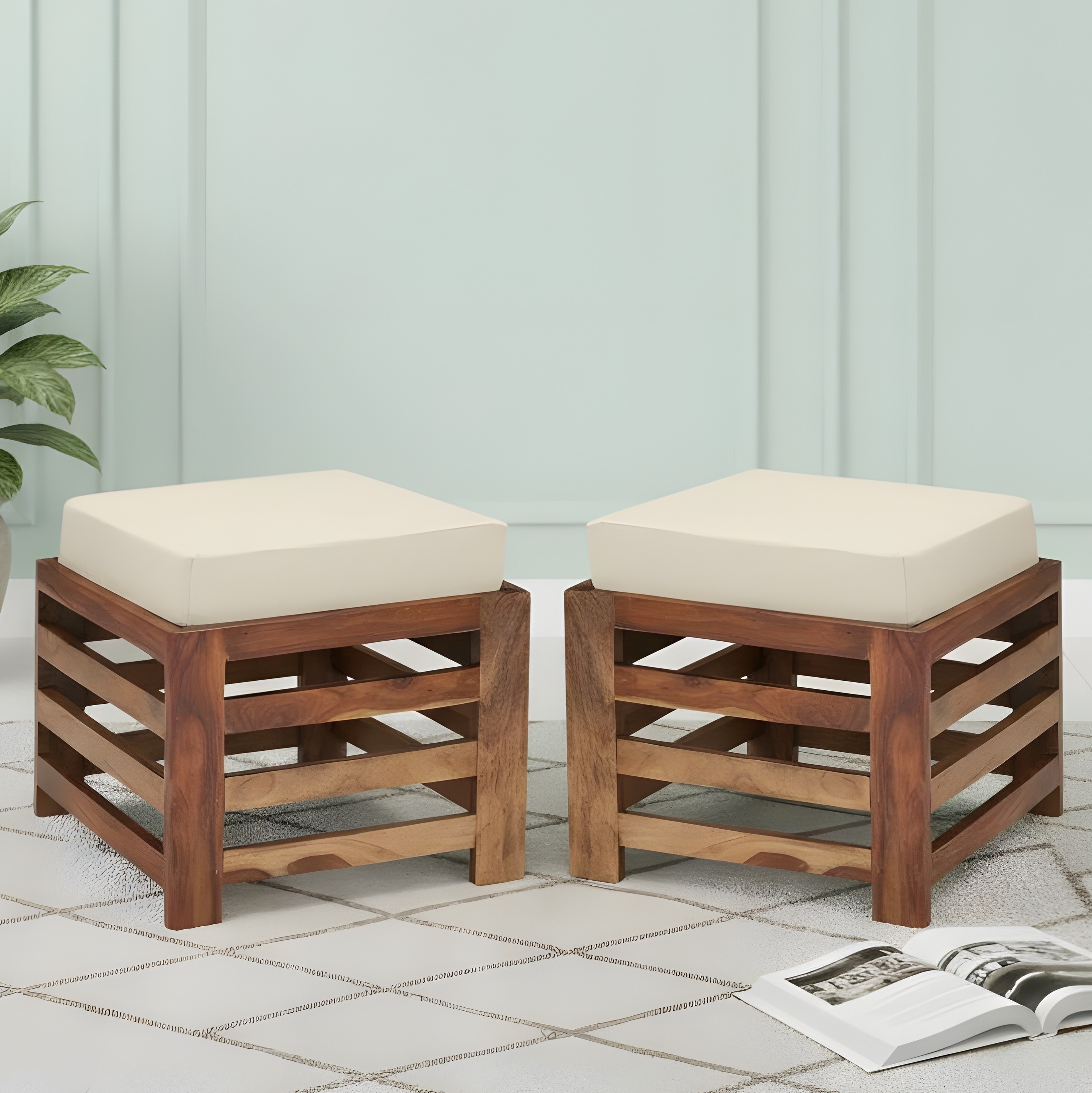 Houston Sheesham Wood Contemporary Set of 2 Stools in Jute White, Natural Teak Finish