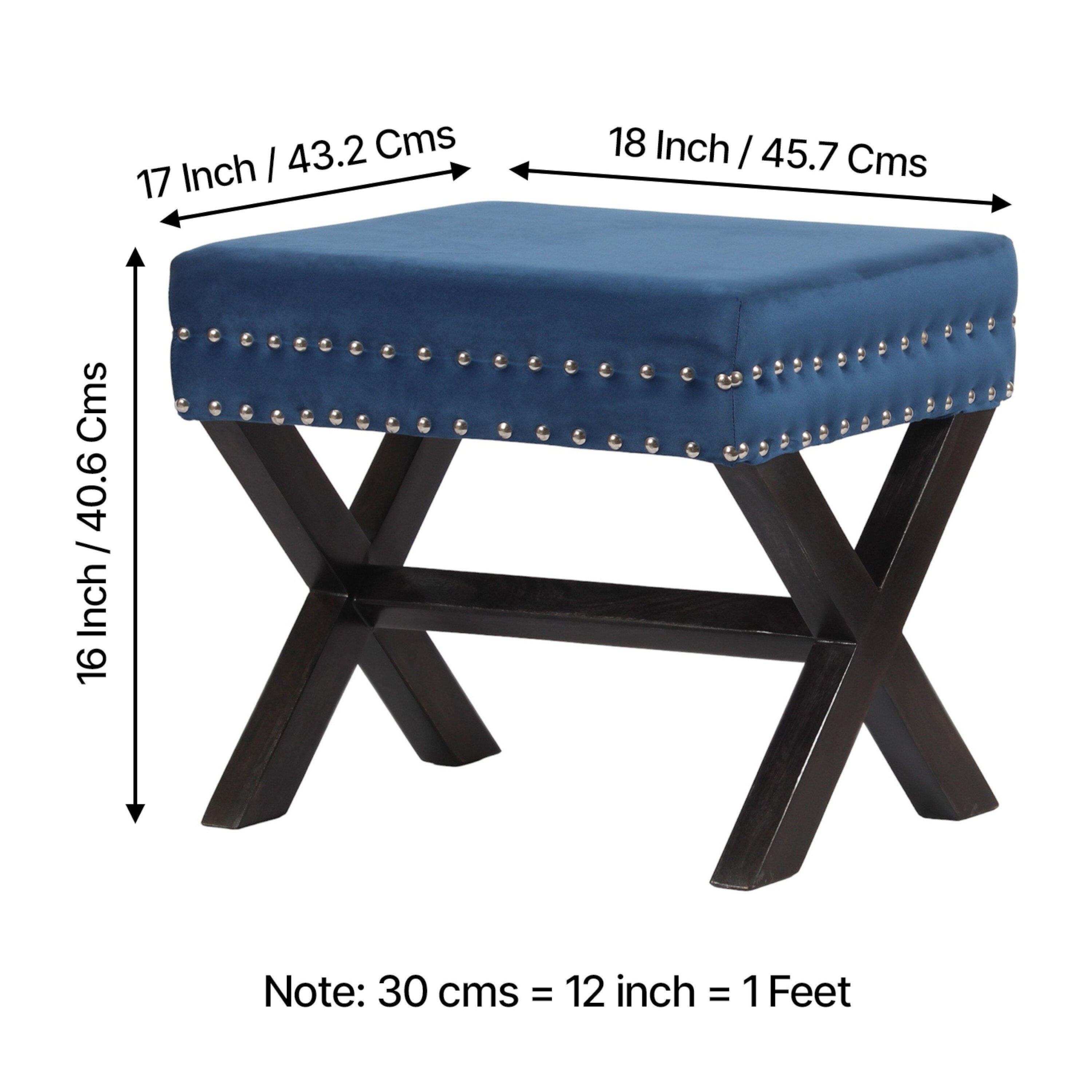 Rosslyn Sheesham Wood Accent Set of 2 Ottoman Pouffees in Navy Blue Velvet, Dark Mahogany Finish