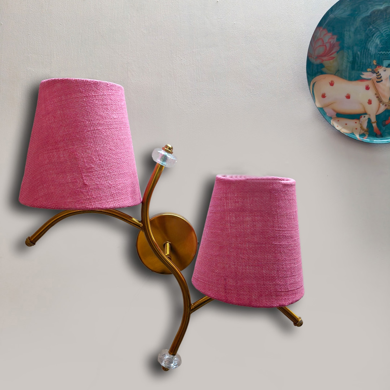Devansh Metal Electric Wall Light in Gold Colour with Pink Shade Count of 2 Lights - Devansh