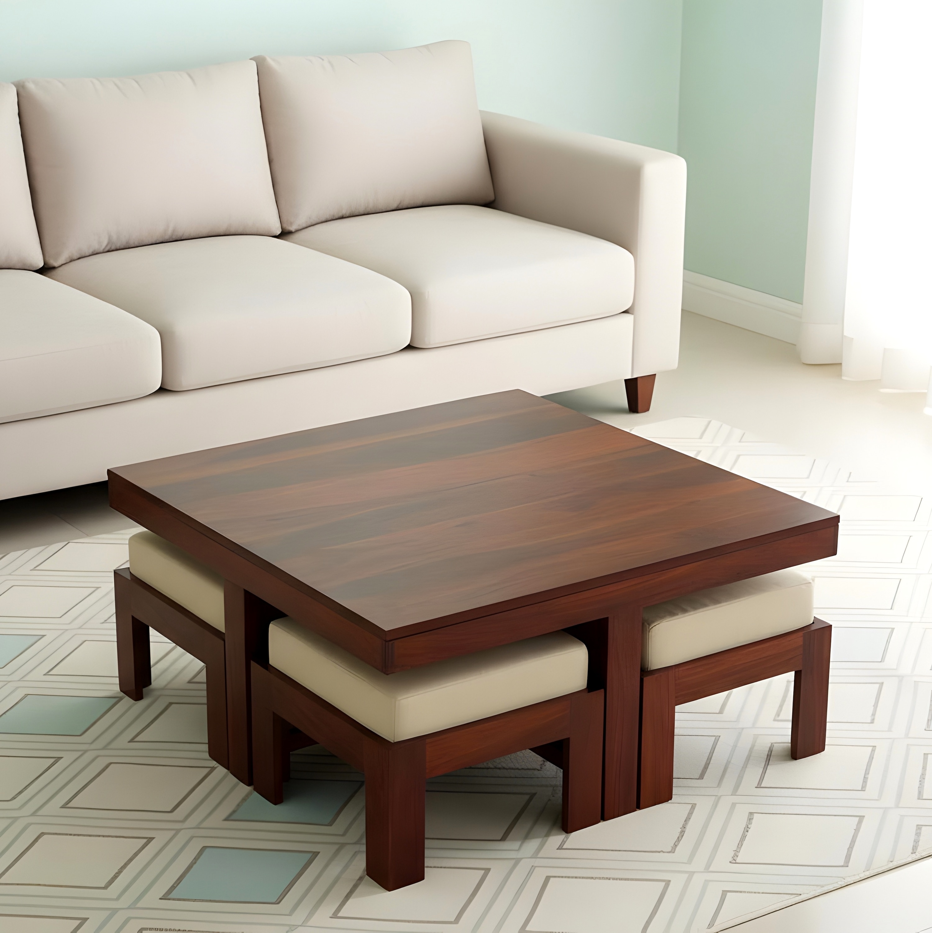 Blane Sheesham Wood Accent Coffee Table Set With 4 Stools In Honey Finish