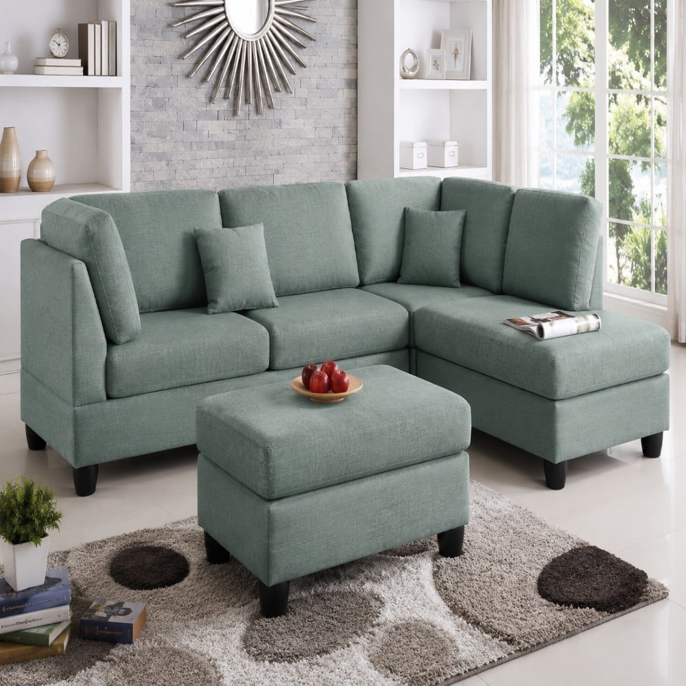 Nova 3 Seater L Shaped Sectional Sofa Right Chaise and Ottoman Celadon Green