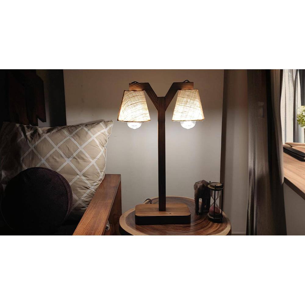 Elania Wooden Table Lamp with Brown Base and Premium White Fabric Lampshade