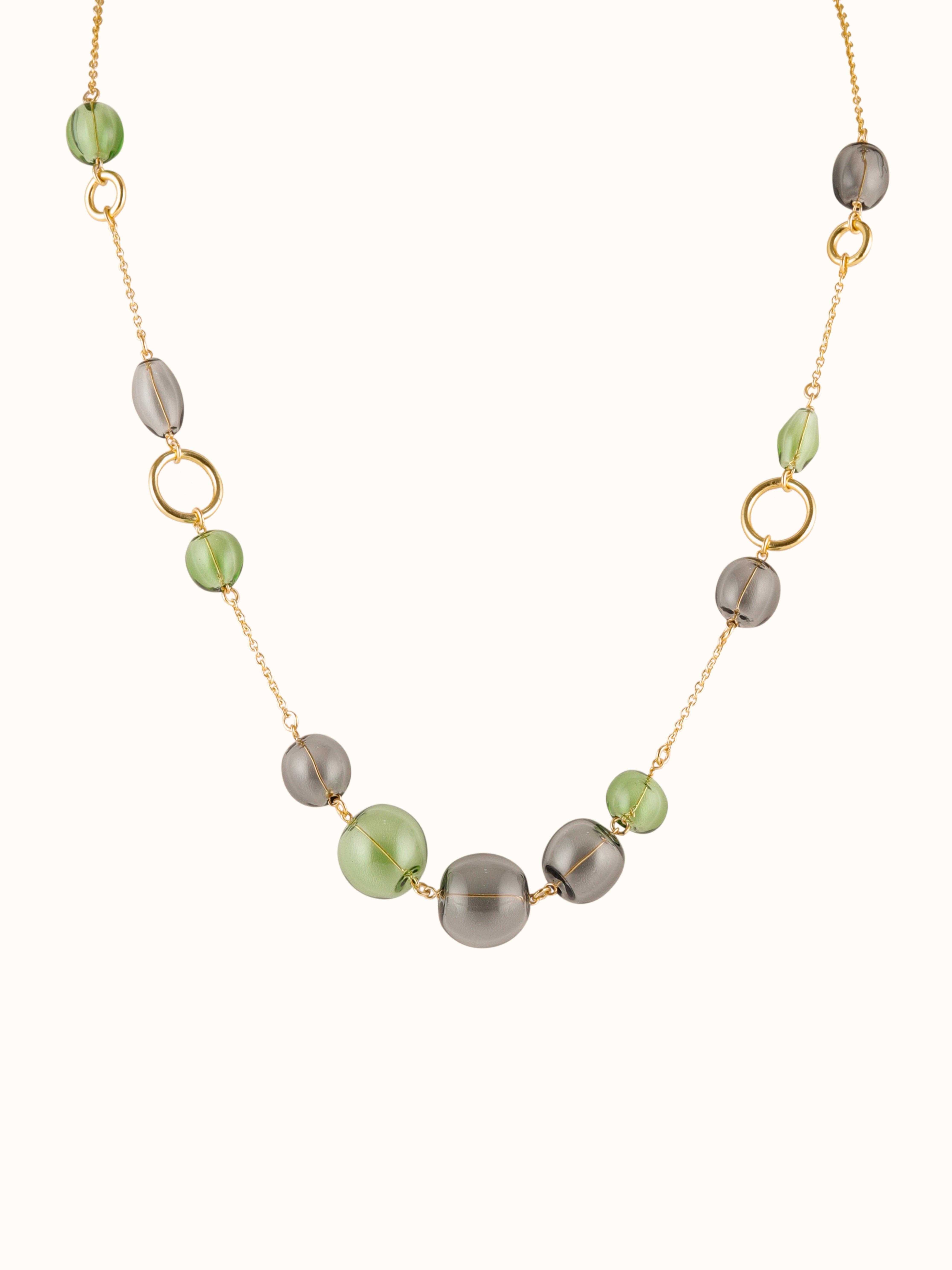 Overview of Glass Flamework Silver Long Necklace showcasing the elegant design and colorful glass elements.