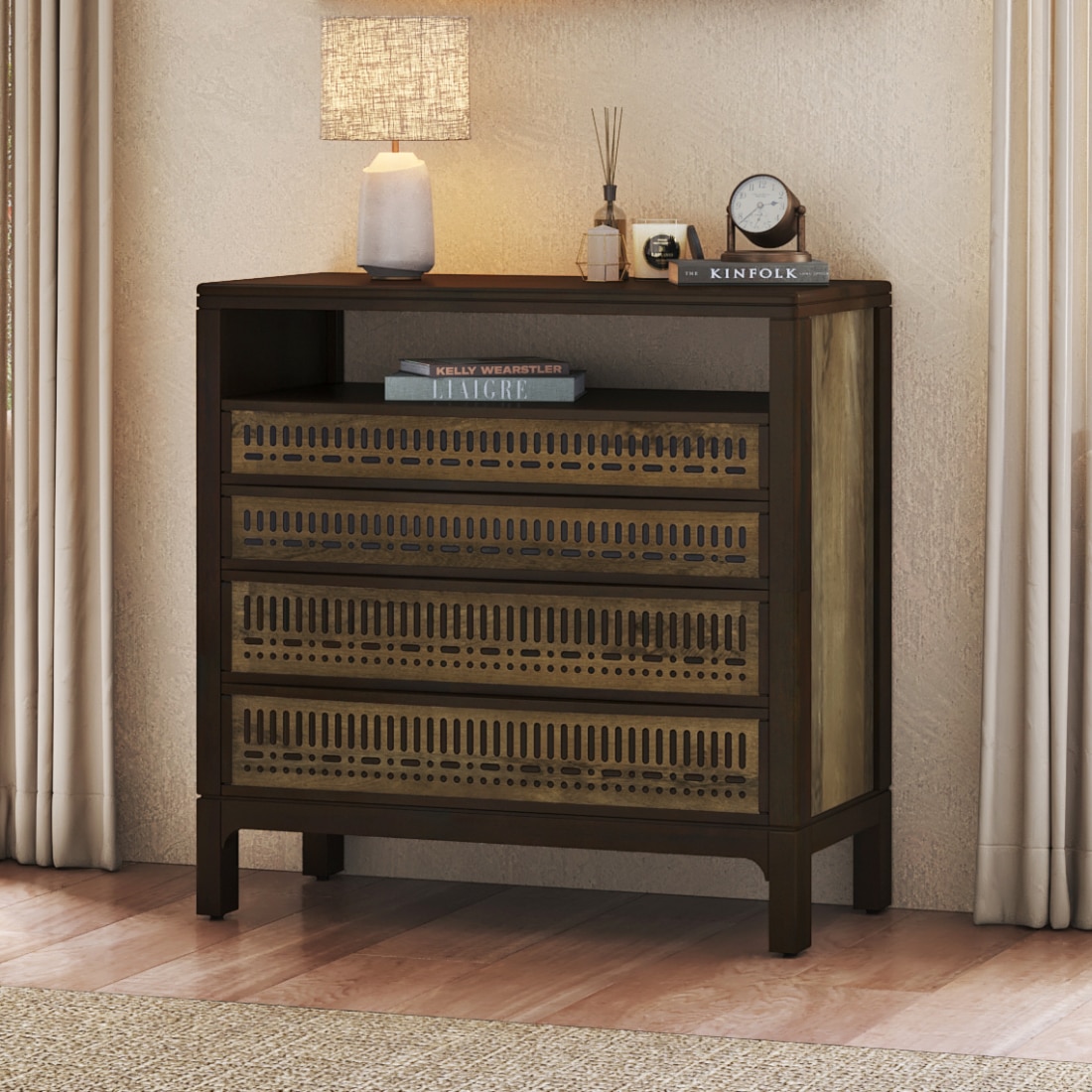 Masai Solid Wood Chest Of Drawers In American Walnut Finish With 2 Tone Finish