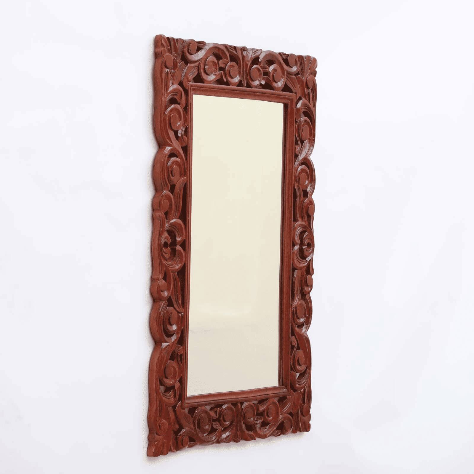 Rizo Mango Wood Teak Finish Carving Wall Mirror