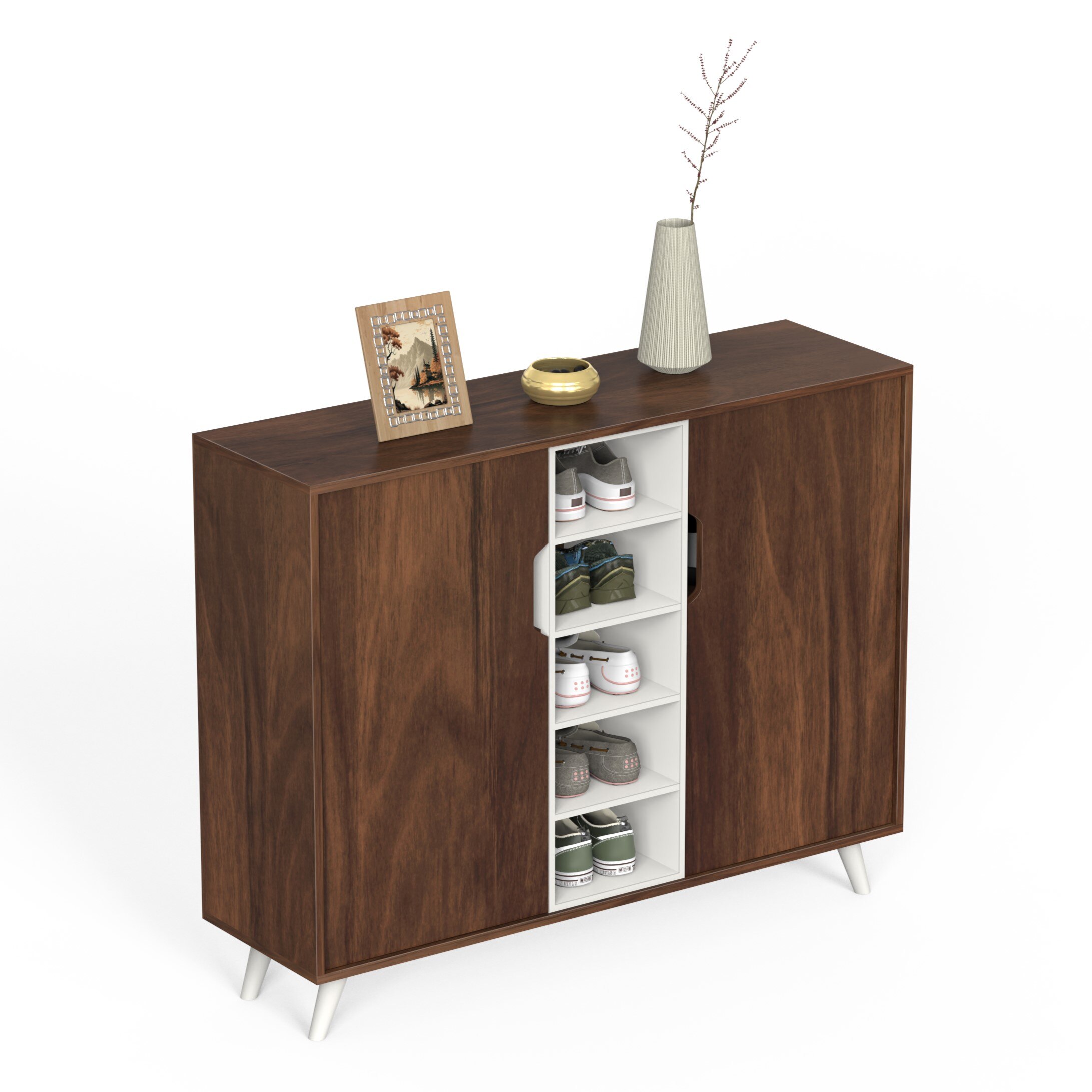 BLUEWUD Furlyn Engineered Wood Dual Tone 2 Doors Shoe Rack Cabinet Slipper Footwear Stand Organizer with Handle Less Desgin & 5 Closed Shelves can Store Up to 25 Pairs for Home (Brown Maple & White)