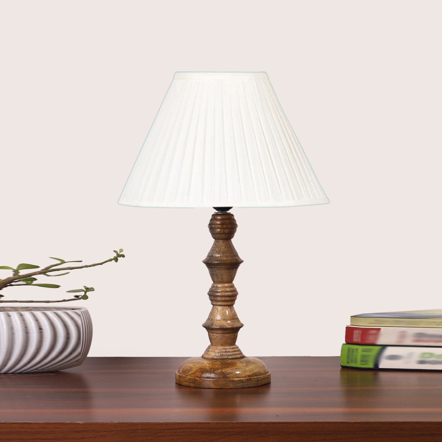 Devansh Off-White Cotton Vintage Straight Pleated   Lamp With Wood Base  (12X12X17) - Devansh