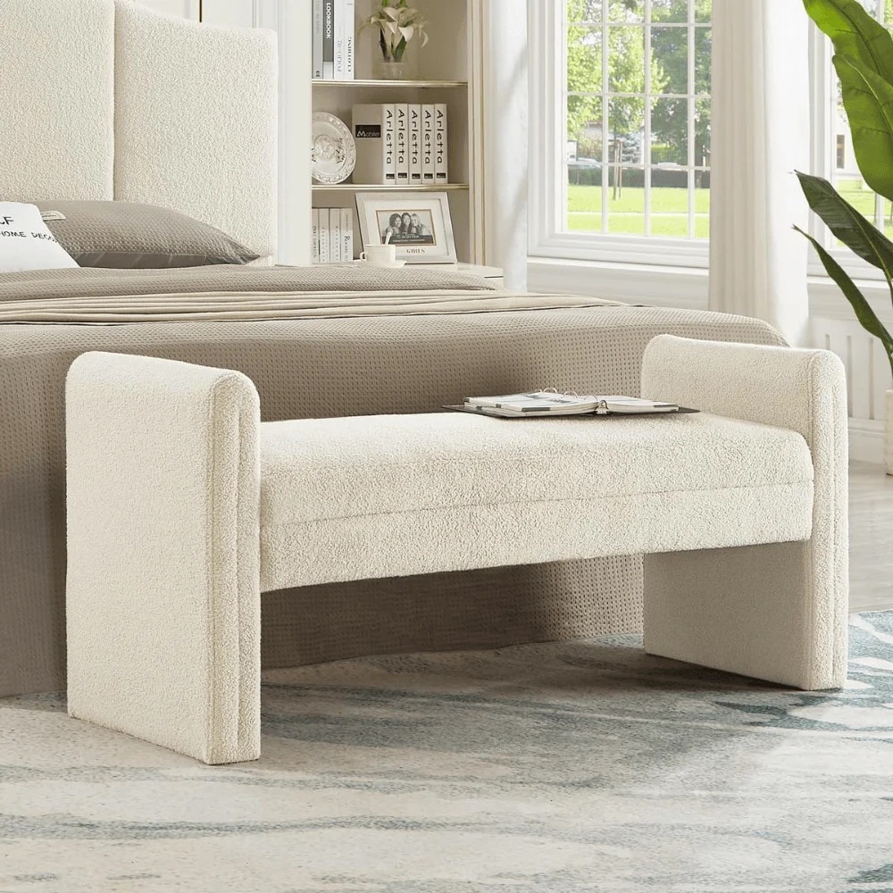 Wooden Twist Soft Hropzy Boucle Upholstered Armrest Ottoman Bench in Cream Colour