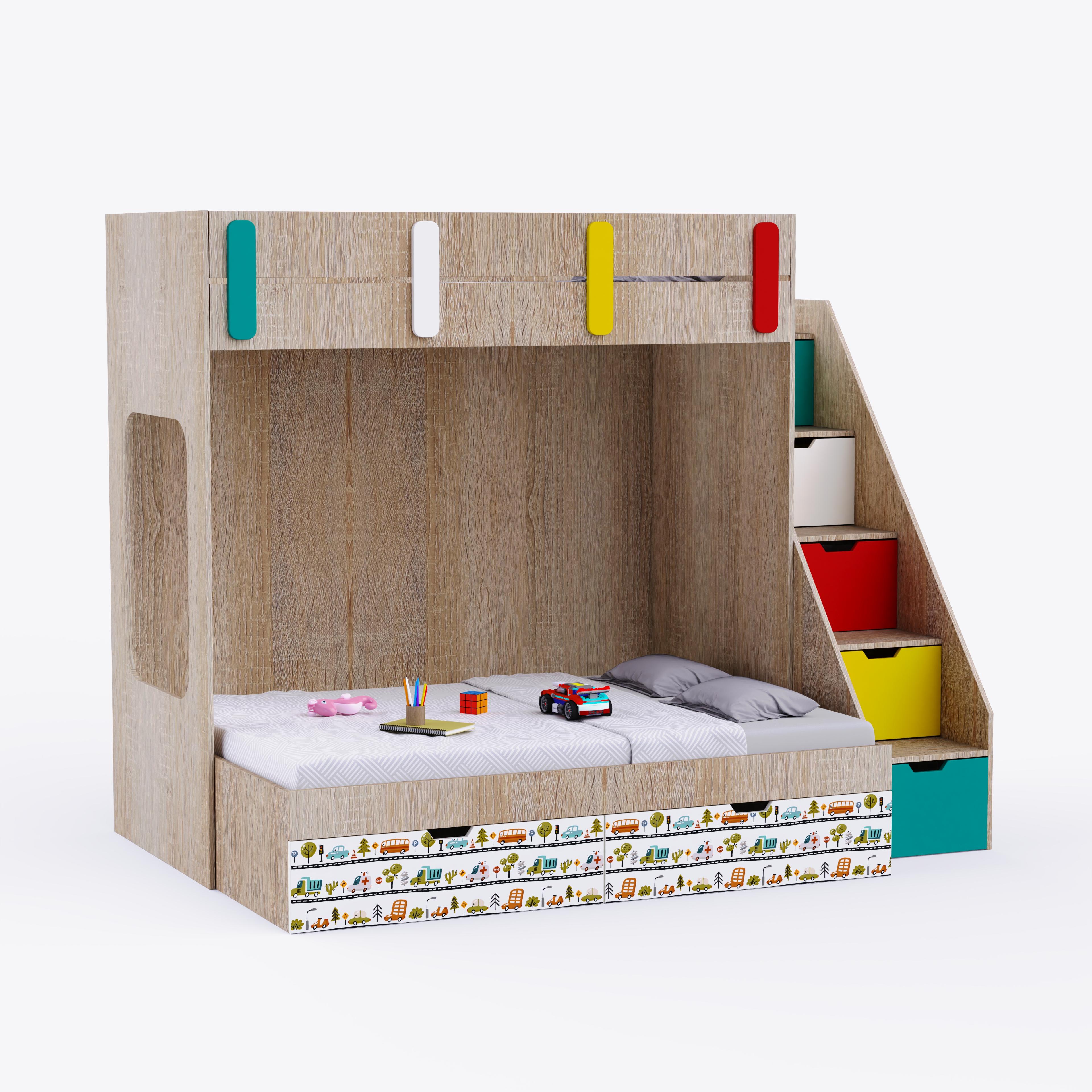 Pattern Dreams Bunk Bed  6X5 (Drawers On Wheels) In Oak & red Colour