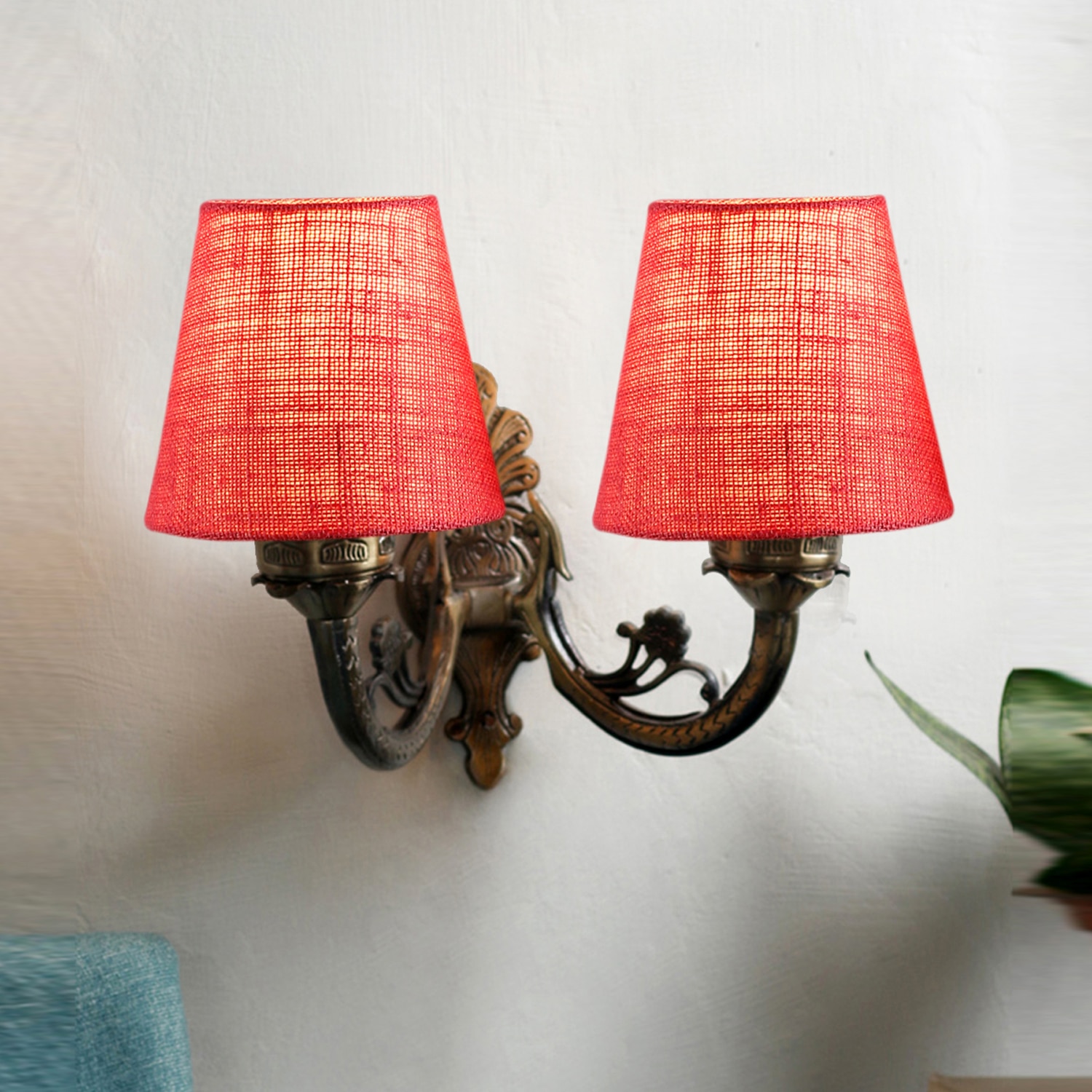Devansh Metal Electric Wall Light in Antique Gold Colour with Pink Shade Count of 2 Lights - Devansh