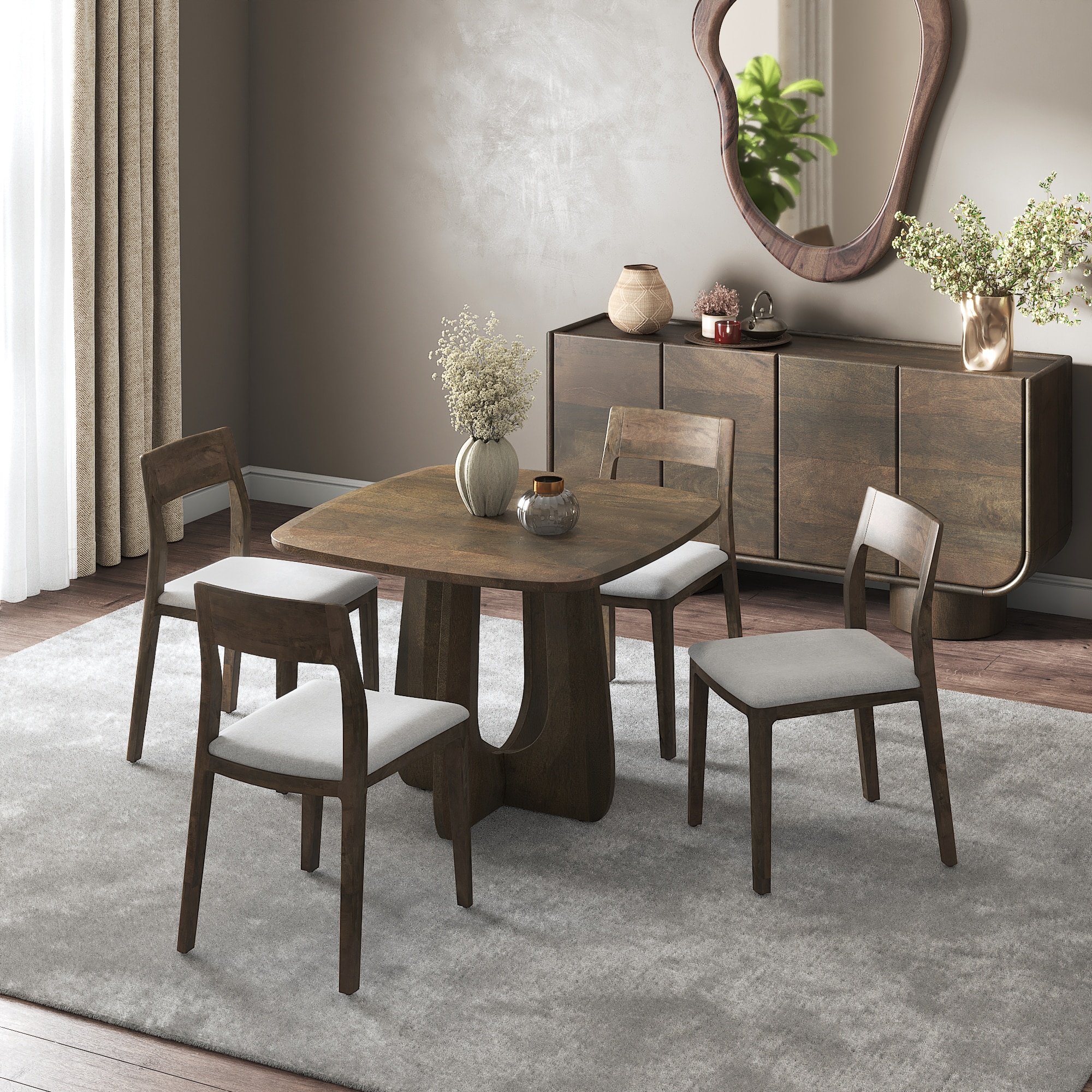 Aero Solid Wood 4 Seater Dining Table With 4 Clarke Dining Chairs (Finish : Danish Walnut, Chair Colour : Vapour Grey)