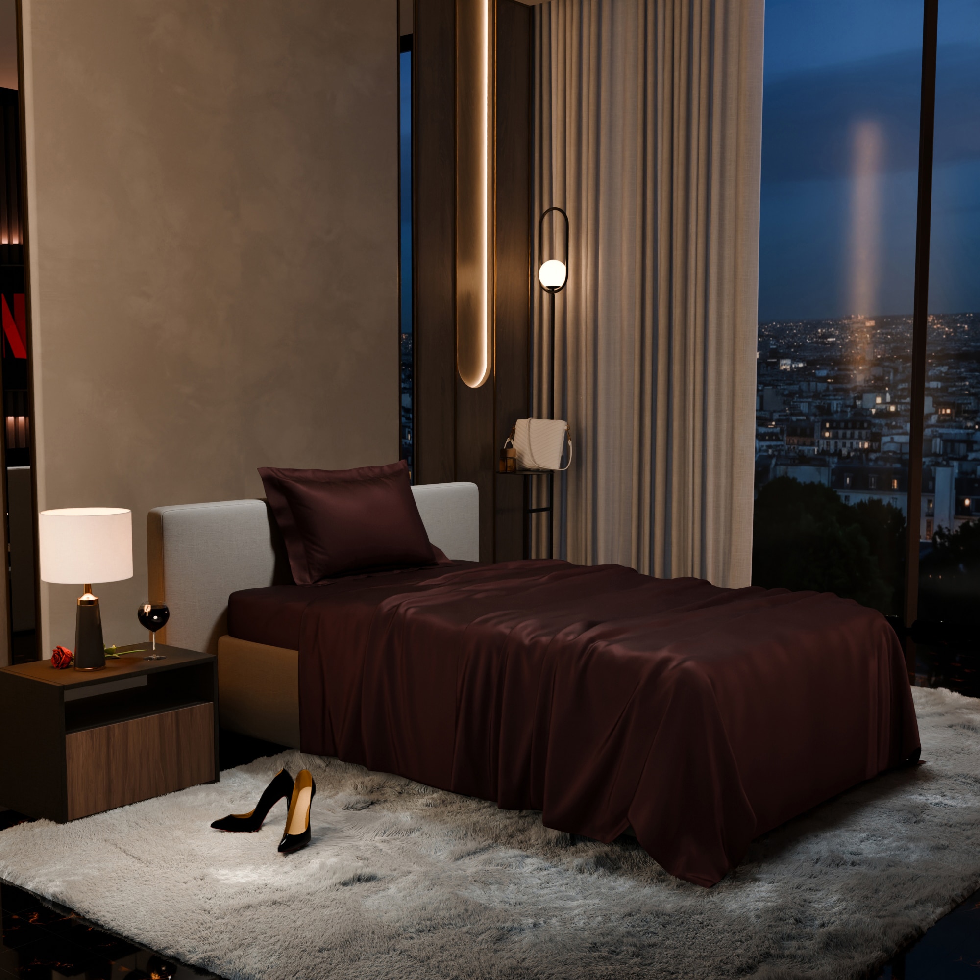 Stoa Paris 300 TC Satin Bedsheet Single Bed with Pillow Covers in Hot Chocolate - Stoa Paris
