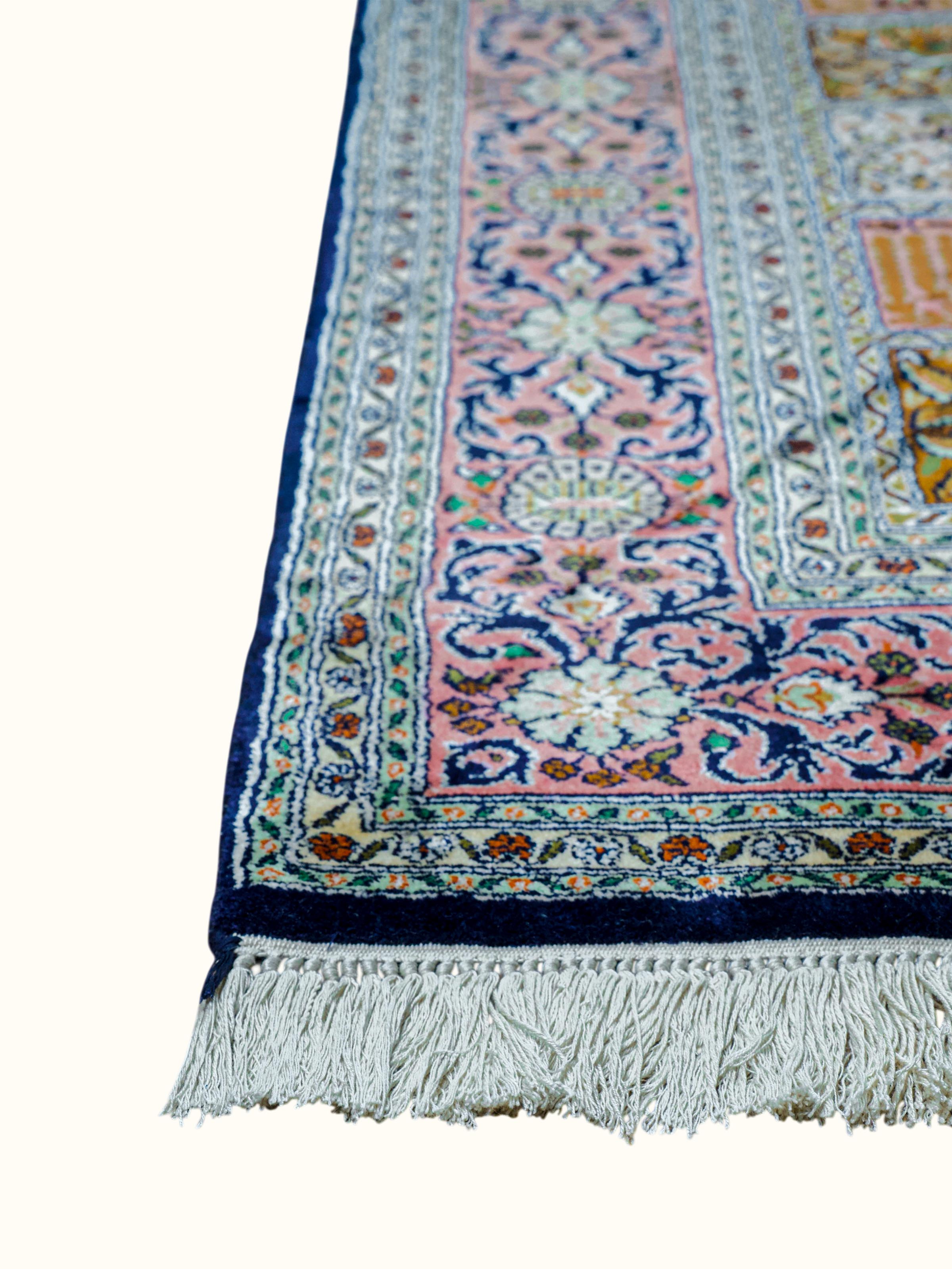 Traditional Persian Pink Dabdar Kashmir Silk Hand-Knotted Carpet