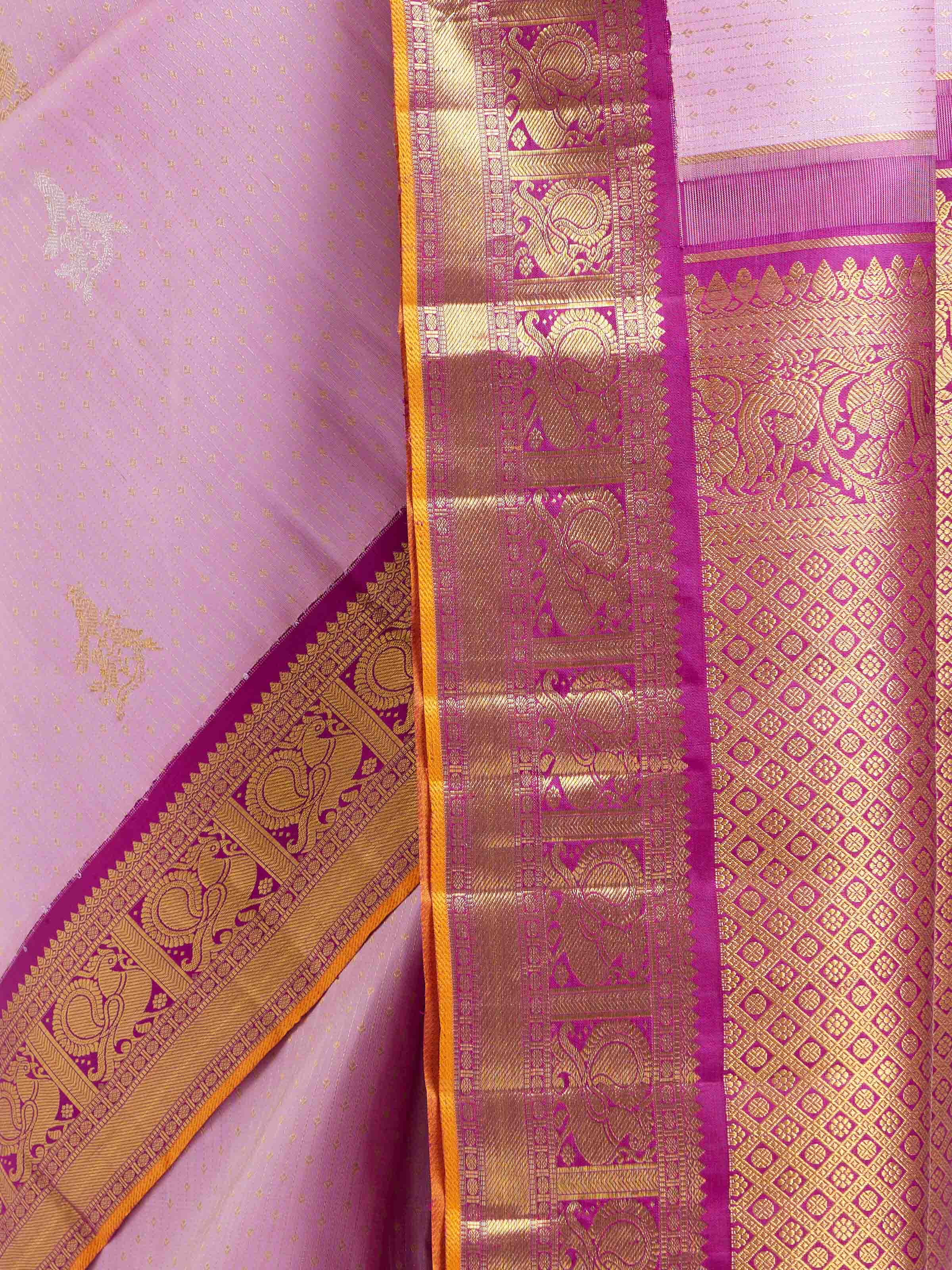 Detail view of lavender silk Kancheepuram saree showing silk texture and zari craftsmanship
