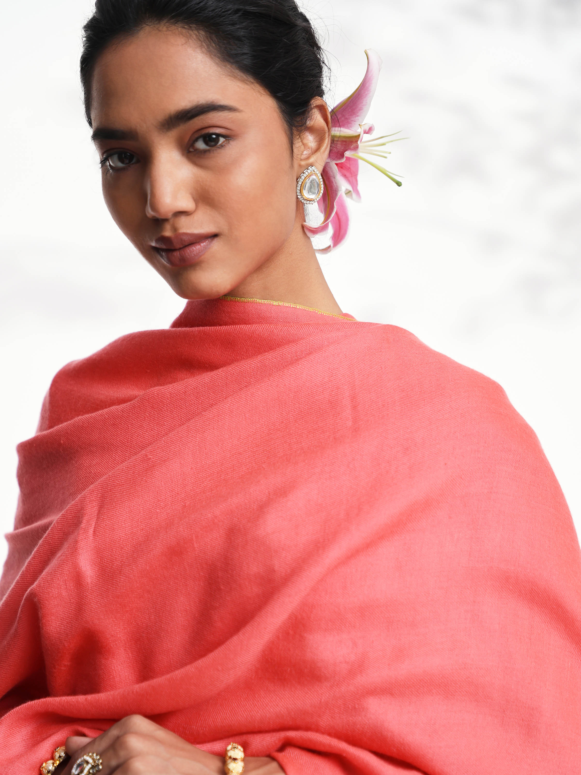 Coral Cashmere Kaaj Embroidered Handwoven Stole