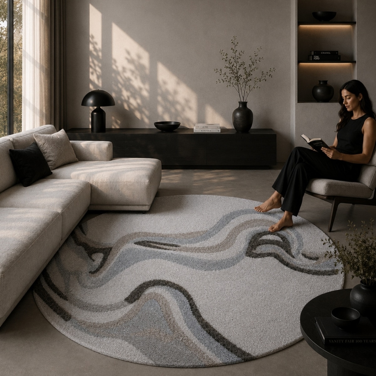 Handmade Round Wool Silk Rug Modern Wave Beige 6 Feet Carpet - NEU LOOMS