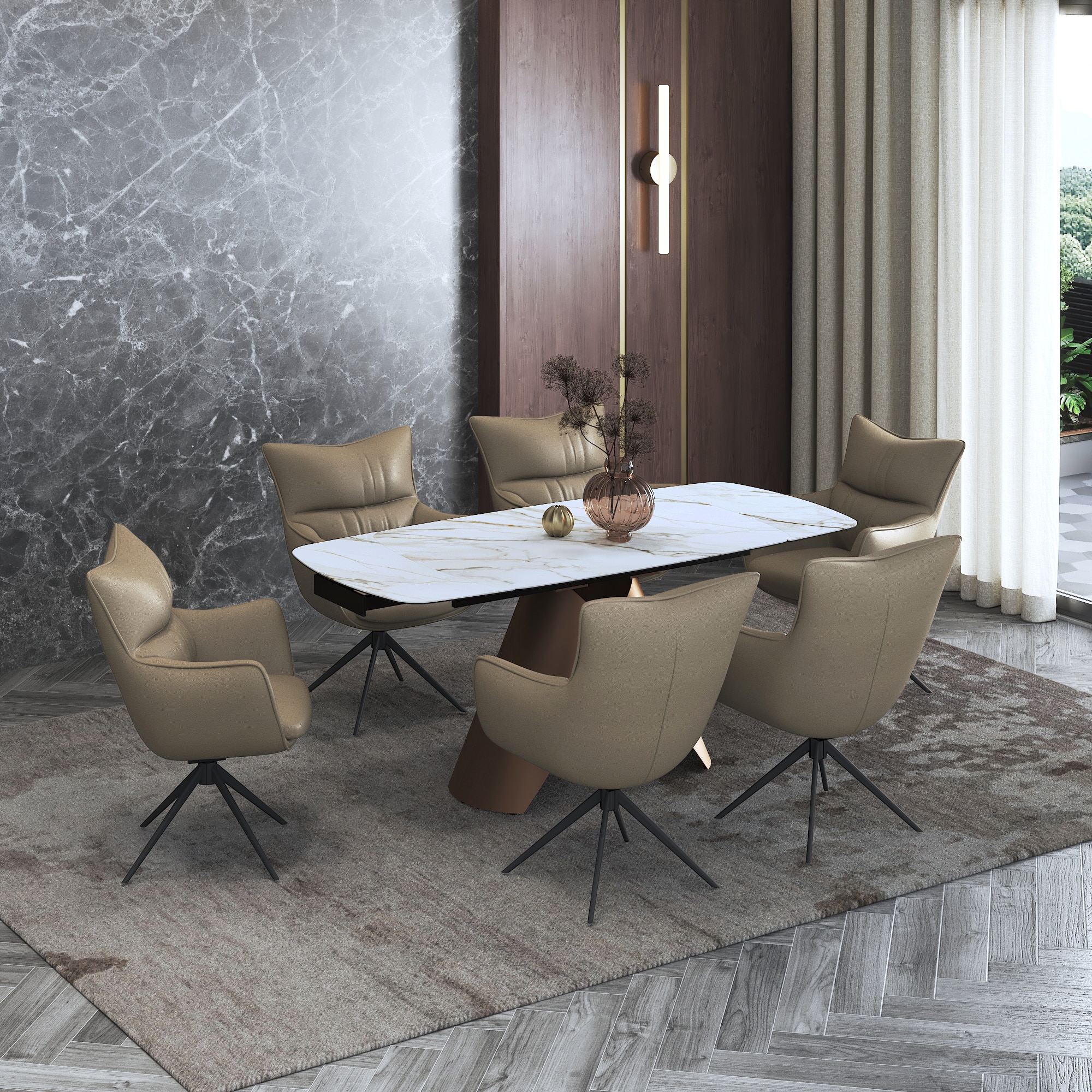 Aeris Ceramic 4 To 6 Seater Extendable Dining Table With 4 Beck Dining Chairs (Finish : Gilded White, Chair Colour : Taupe Leatherette)