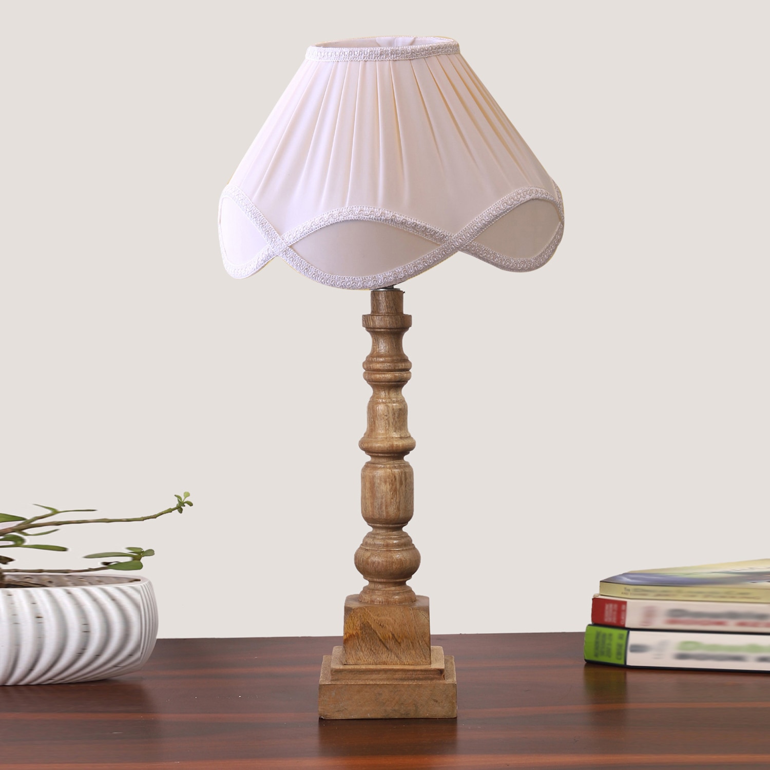 Devansh Off-White Cotton Vintage  Lamp With Wood Base (12X12X23.25)