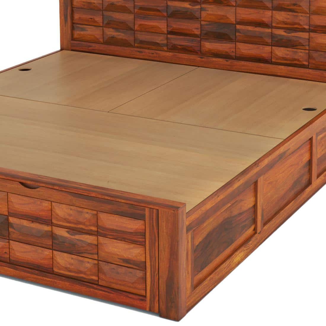 Diamond Box and Drawers Storage Queen Bed in Honey Finish