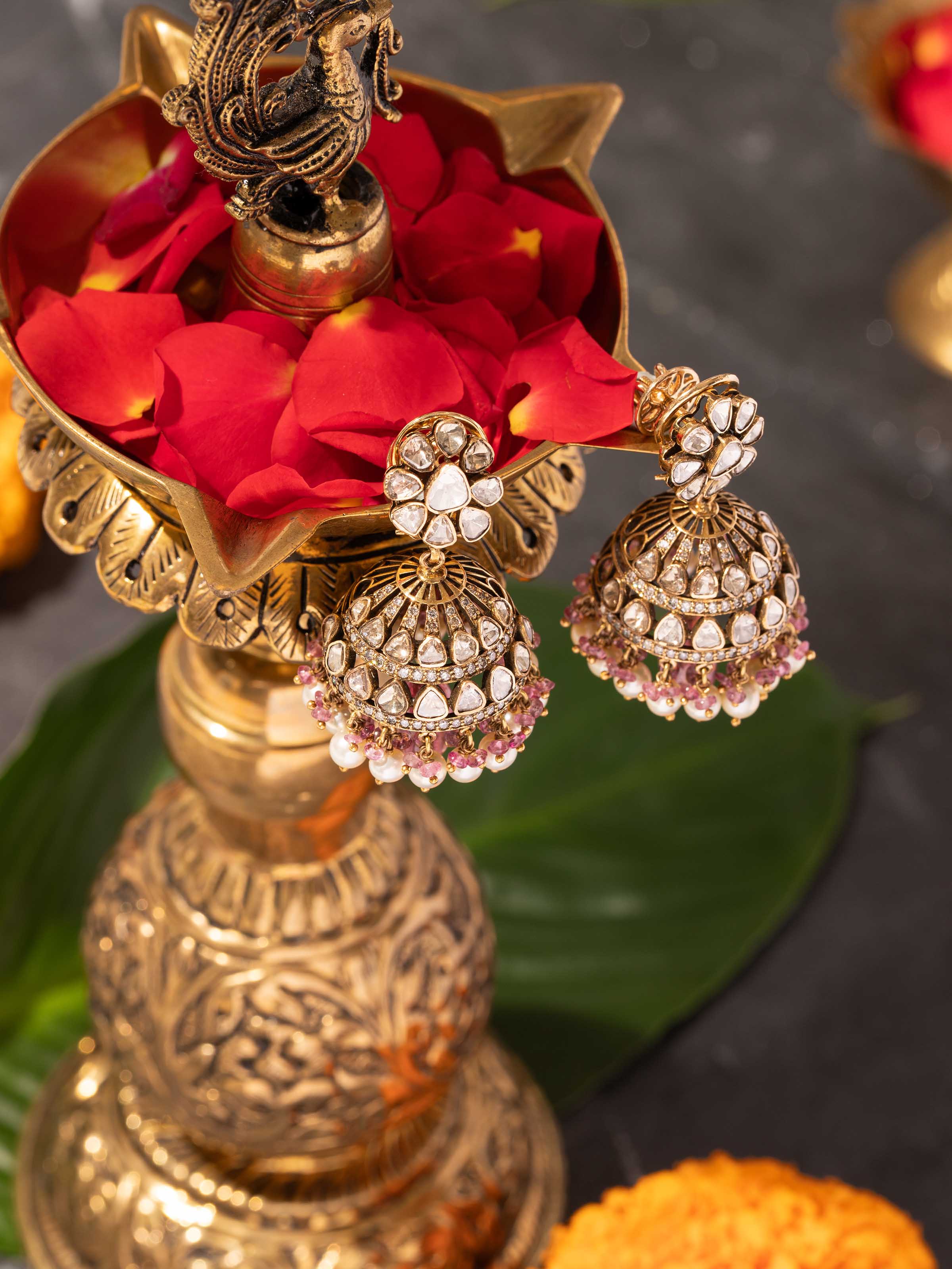 Dank Polki 18 Carat Gold Jhumkas