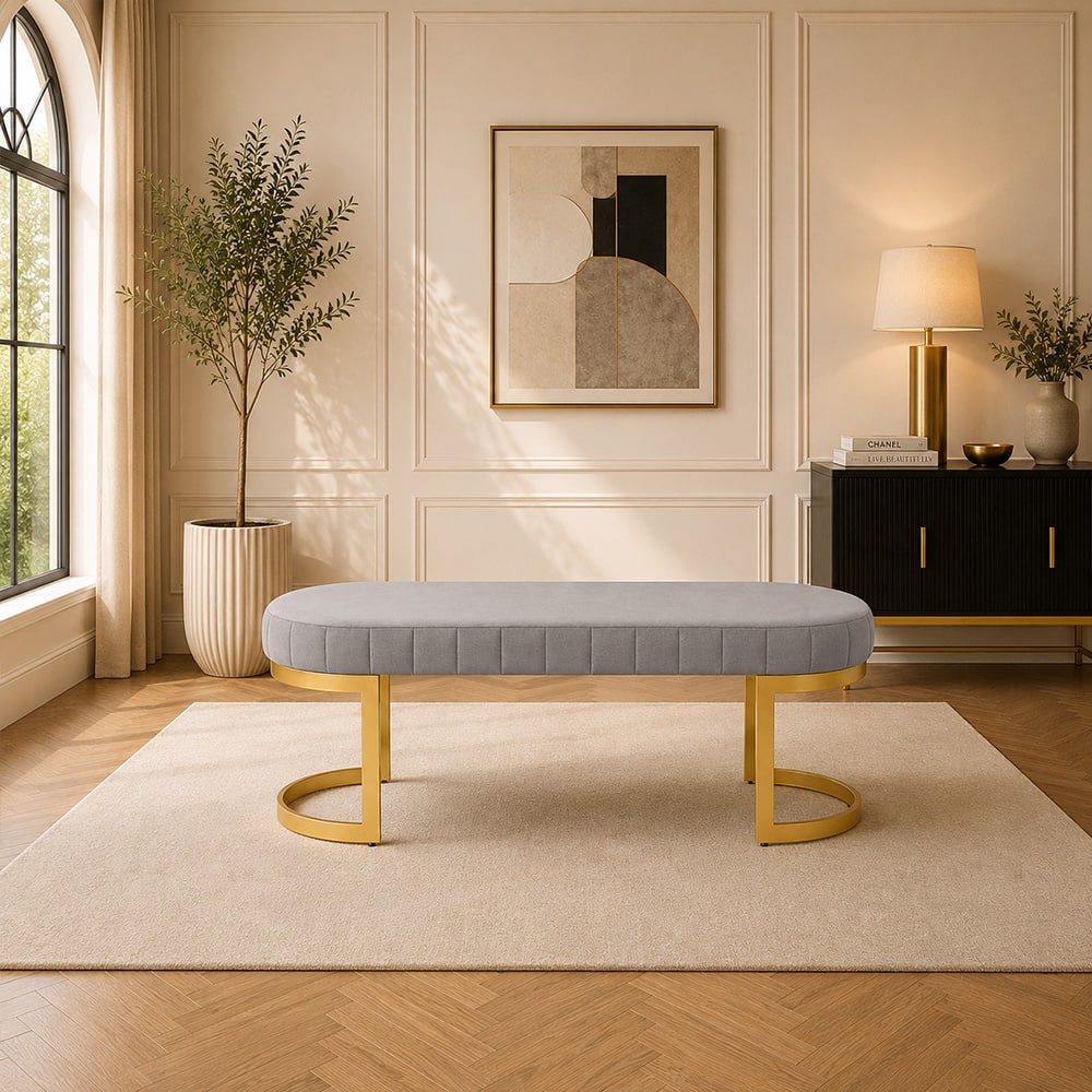 Doe Buck Upholstered Oval Bench in Grey Colour with Gold Loop Legs - Doe Buck