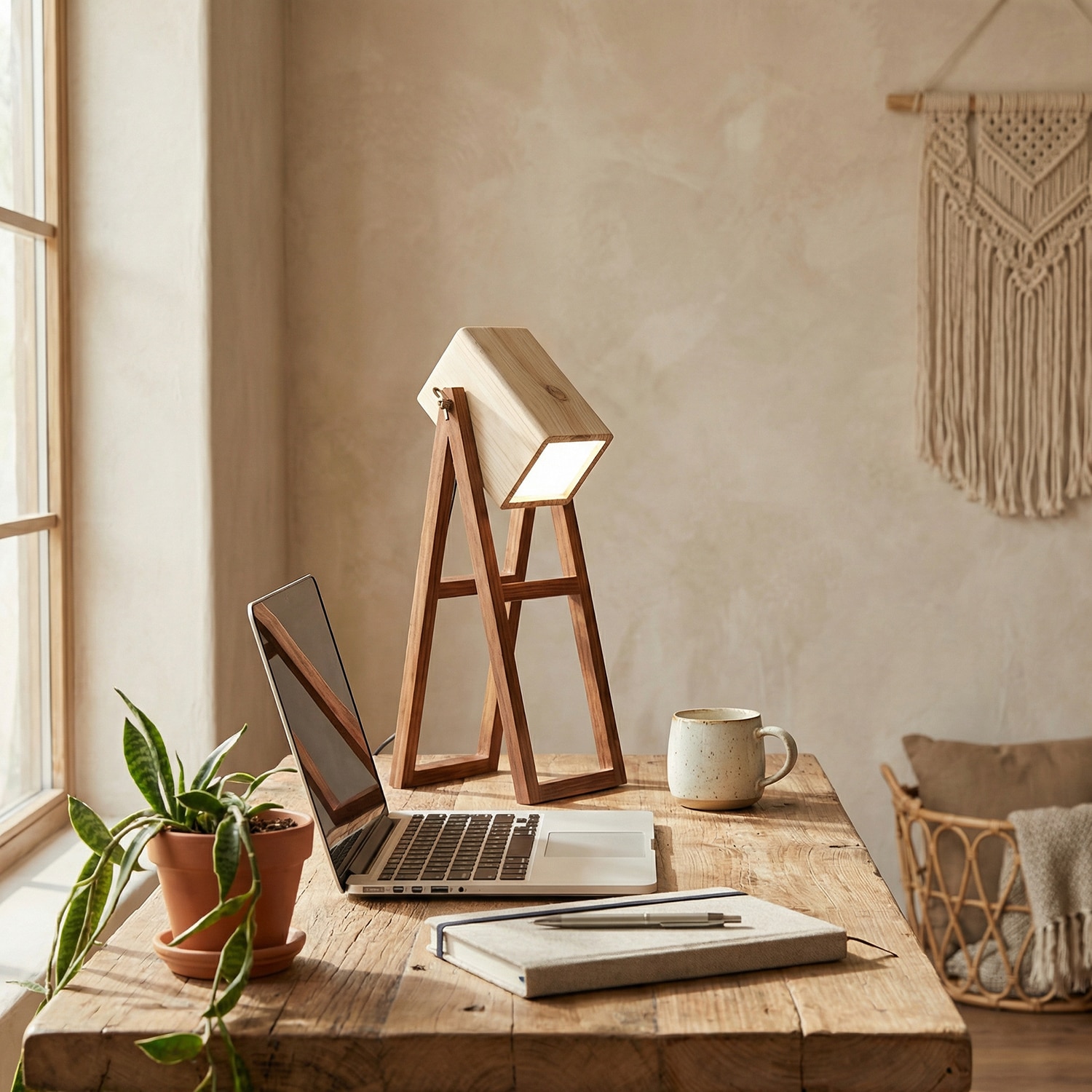 Focal Brown Wooden Table Lamp with Beige Wooden Lampshade