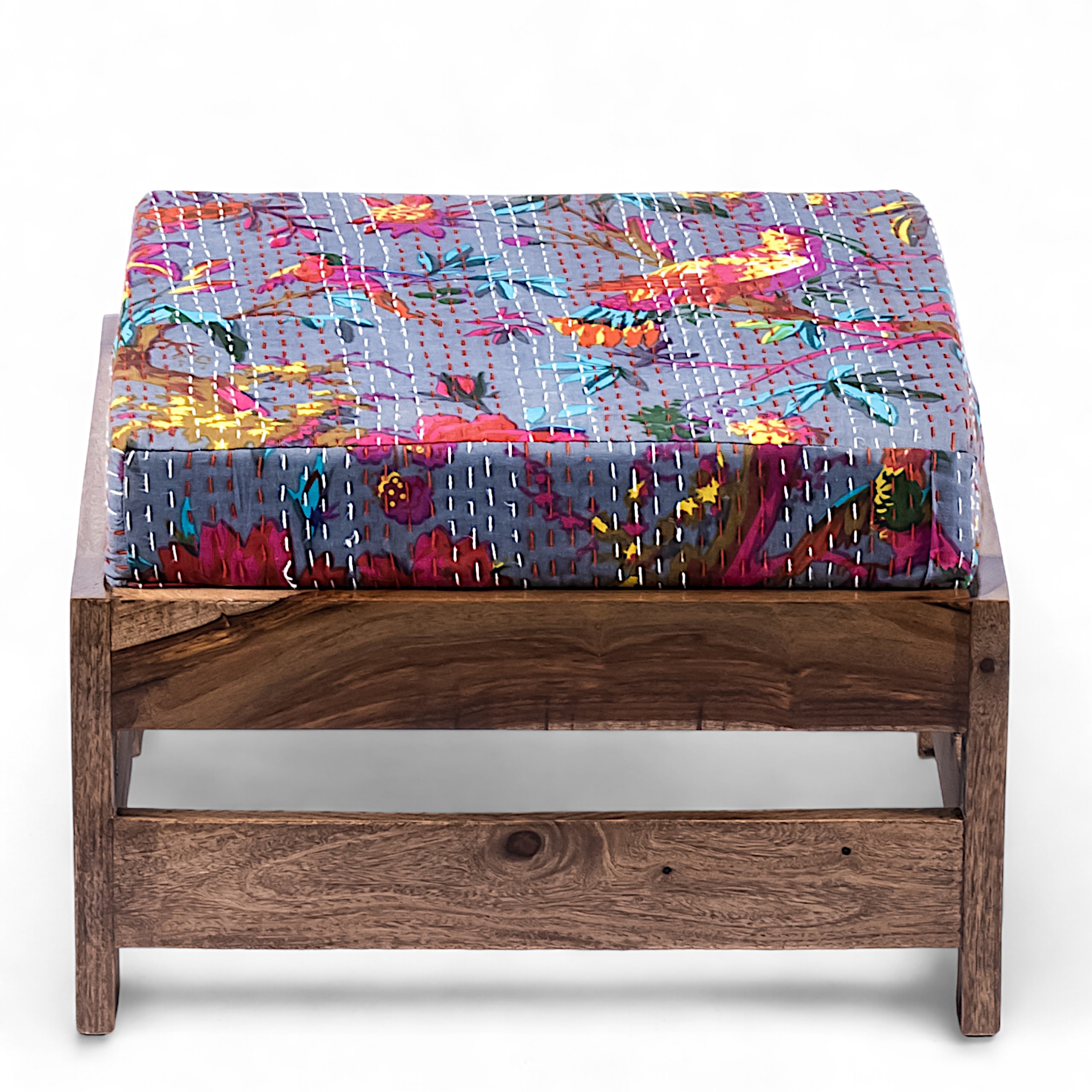 Amber Rosewood Foot Stool with Bird Print Grey Kantha Cushion