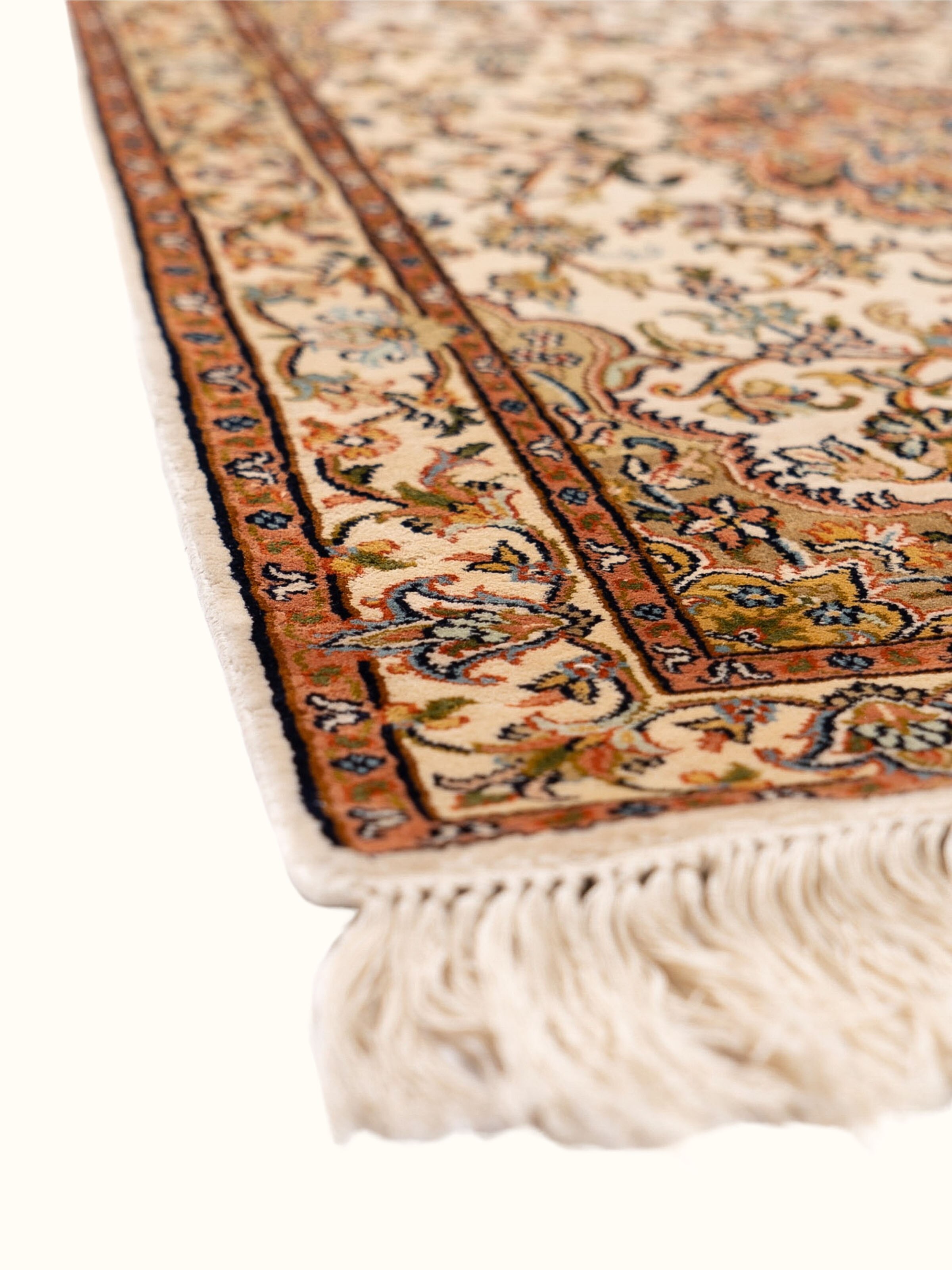 Traditional Kashan Ivory Kashmir Silk Hand-Knotted Carpet