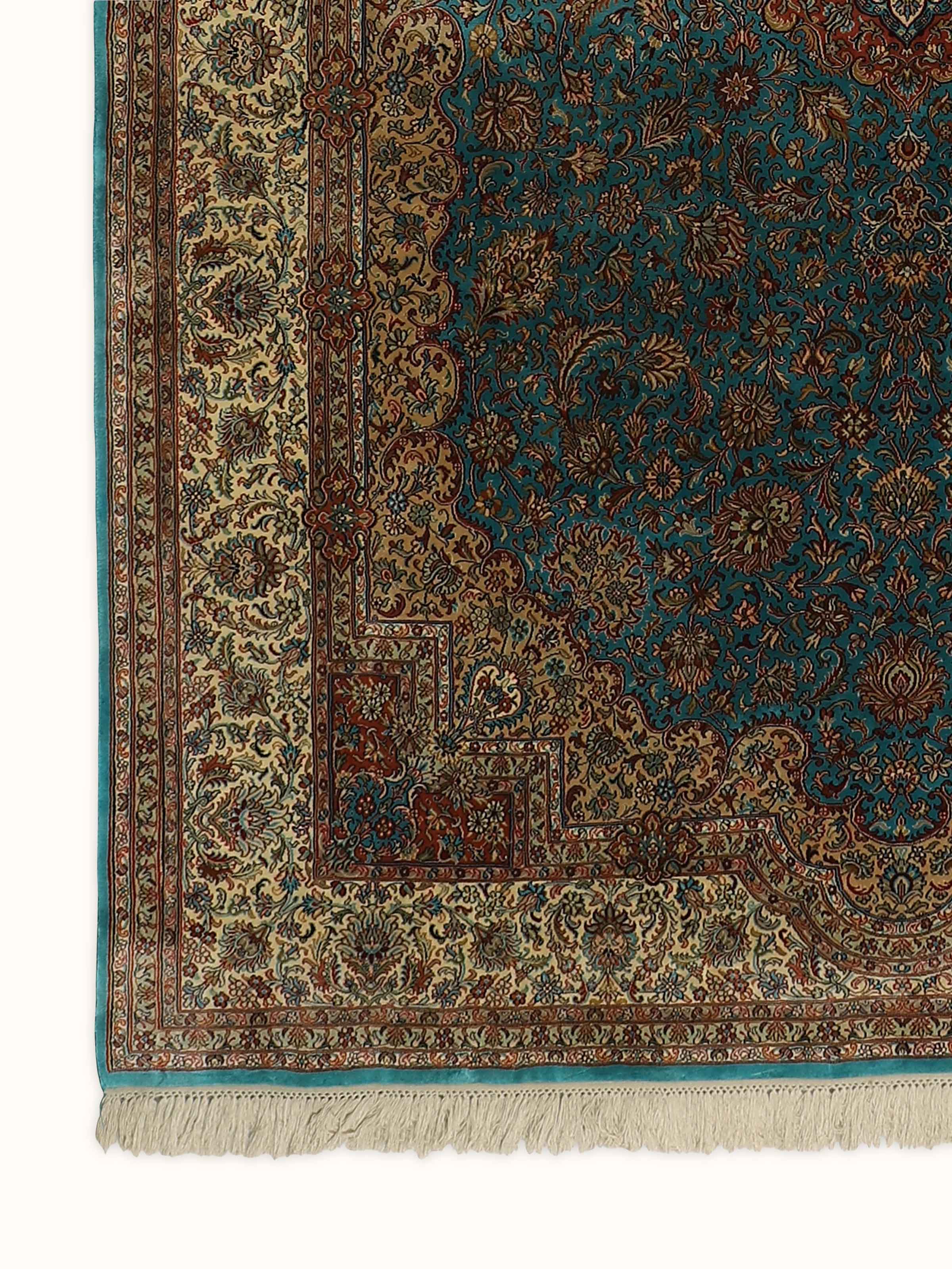 Traditional Persian Blue Tabriz Kashmir Silk Hand-knotted Rug
