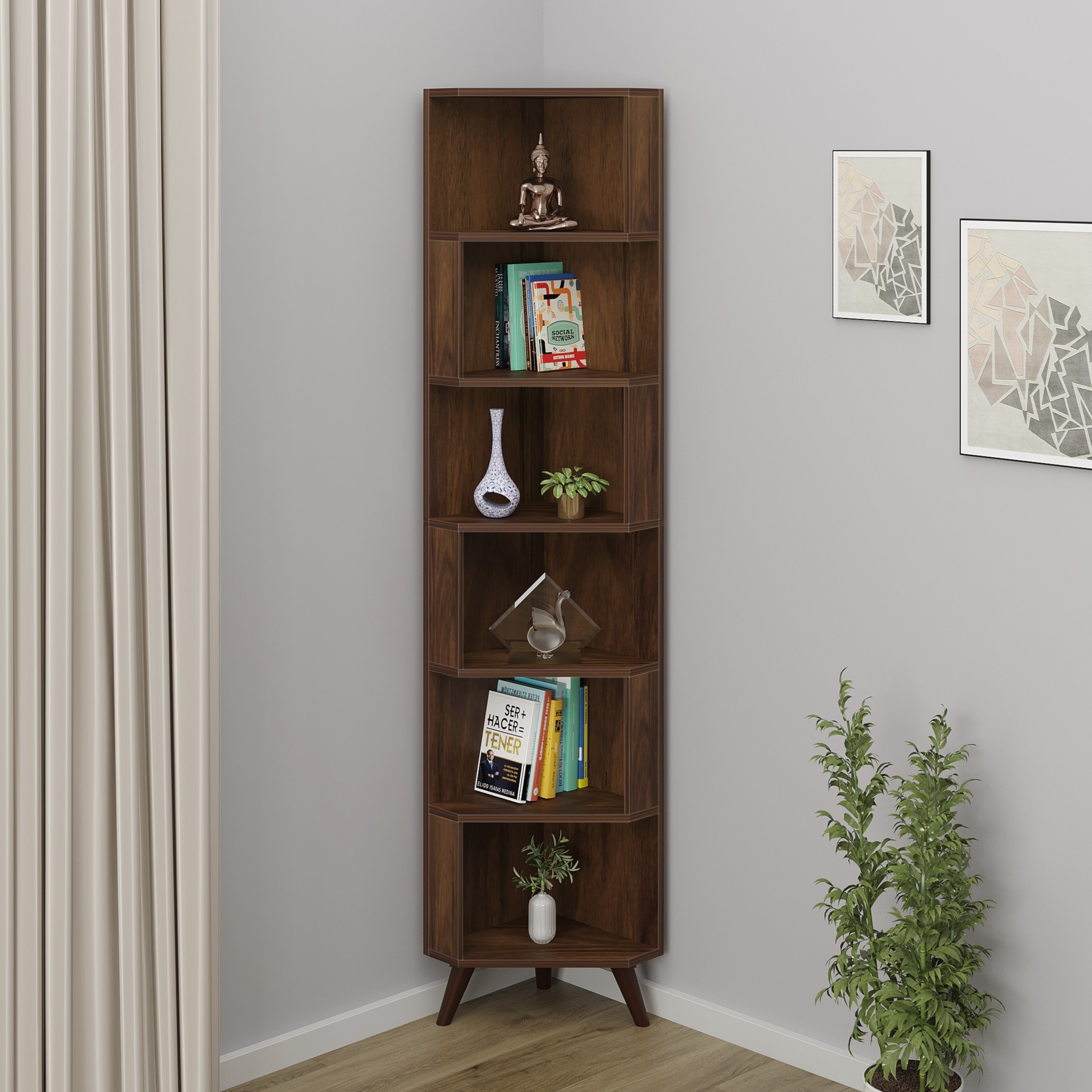 BLUEWUD Veluno Corner Shelf Bookshelf Cabinet Book Rack Organizer with Shelves for Storage D�cor Display Cabinet Floor Standing for Living Room Home Library (Brown Maple)