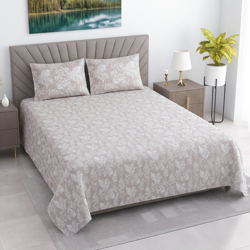 Creamy Beigefloral Cotton  400 Tc Flat  Super King Size Bedsheet With 2 Pillow Covers