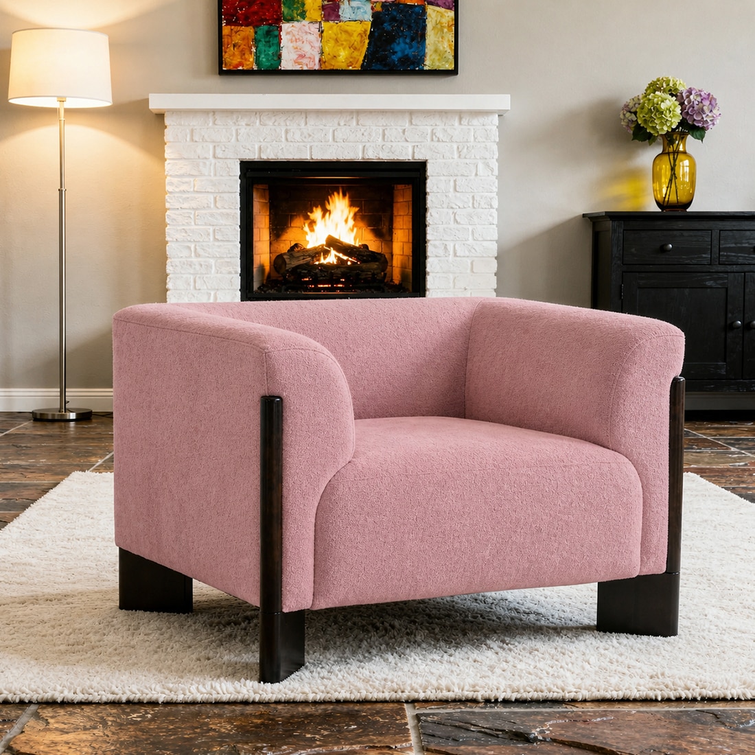 Octavia Boucle Fabric Lounge Chair in Pink - KURSIWALLAH