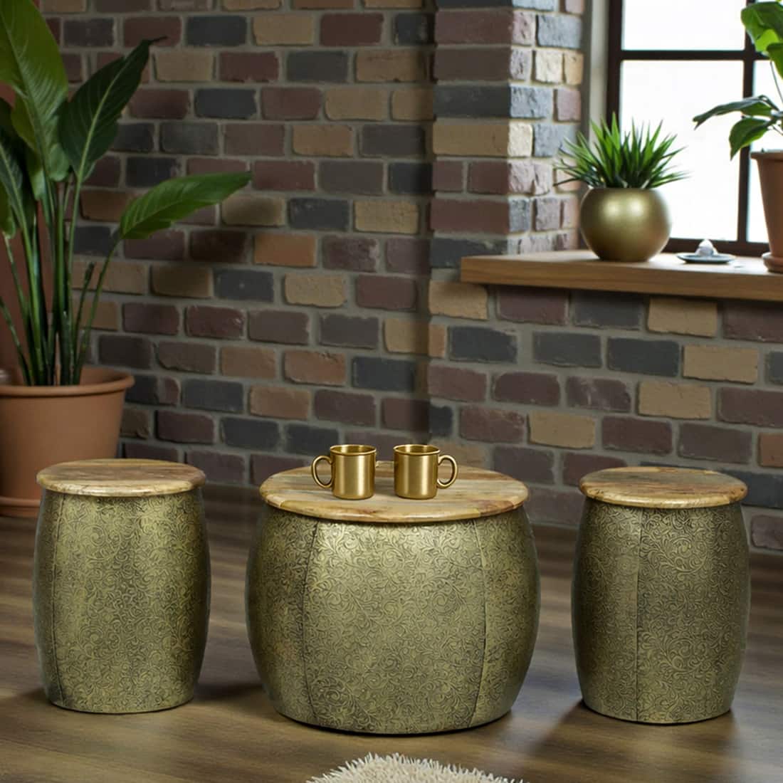 Moroccan Style Metal Coffee Table with 2 Stools in Gold Finish Set of 3 - Bhavya Exports