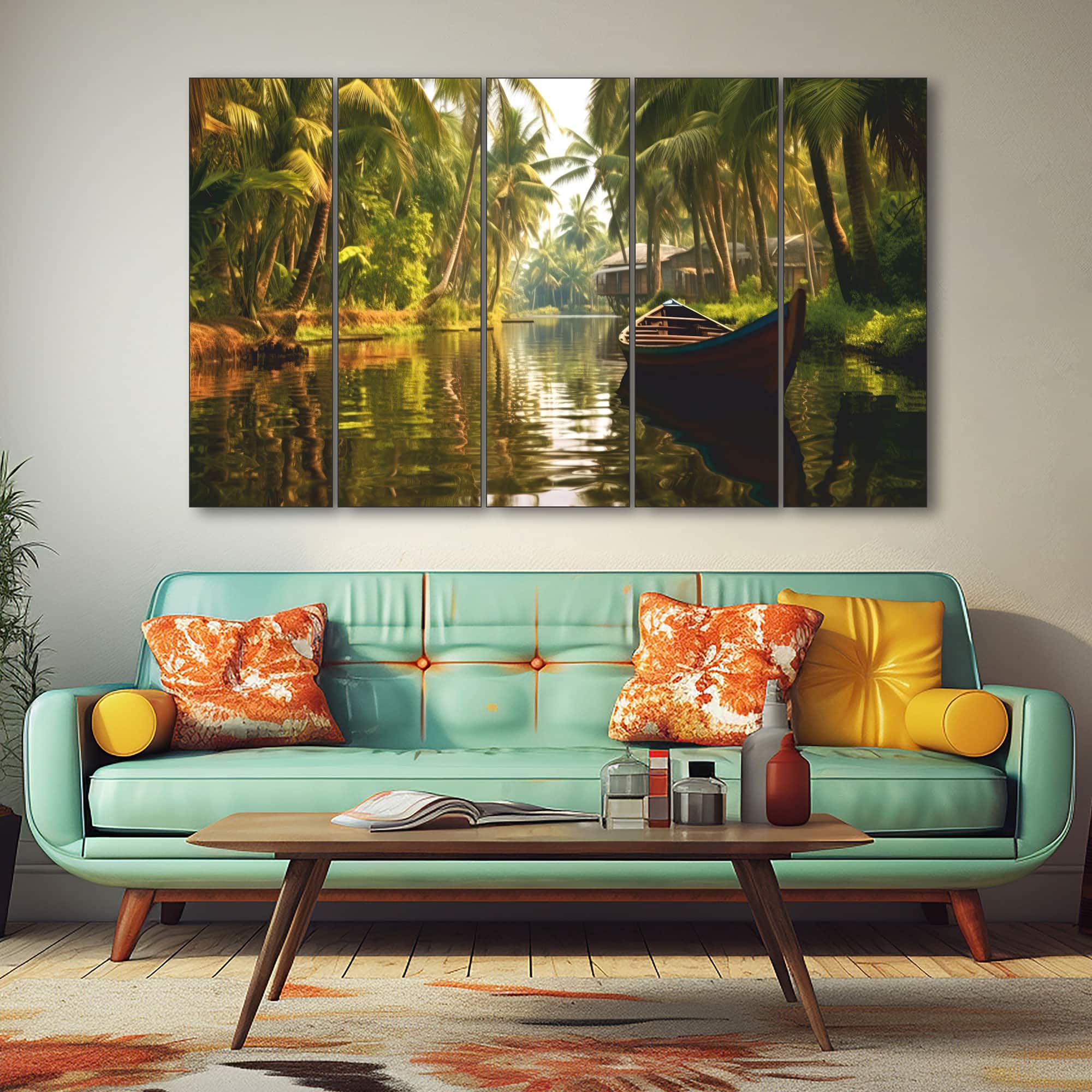The Castle Decor Kerala Backwaters Wall Art Set of 5 Digital Painting 27x48 Inch - The Castle Decor