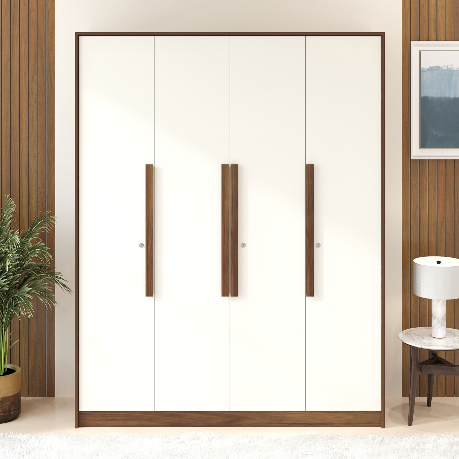 BLUEWUD Maltein 4 Door Wardrobe/Clothes Storage Rack Organizer Almirah Cupboard Cabinet with Lock, Shelves and Cloth Hanger for Bedroom Home Furniture (Brown Maple & White, 140.8 X 40 X 180 CM)