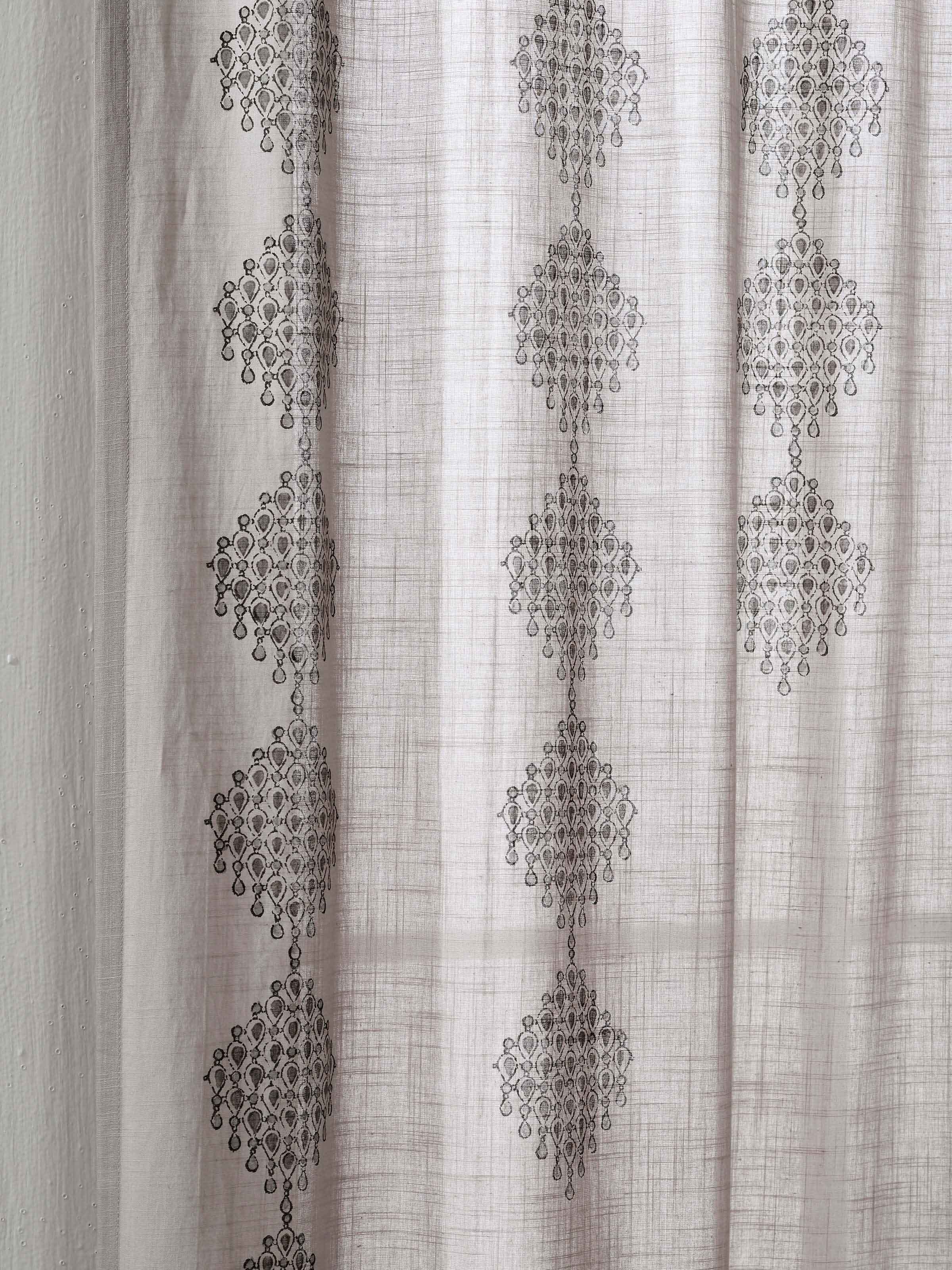 Close-up detail showing texture and hand block print on light grey cotton curtain – Rambagh collection