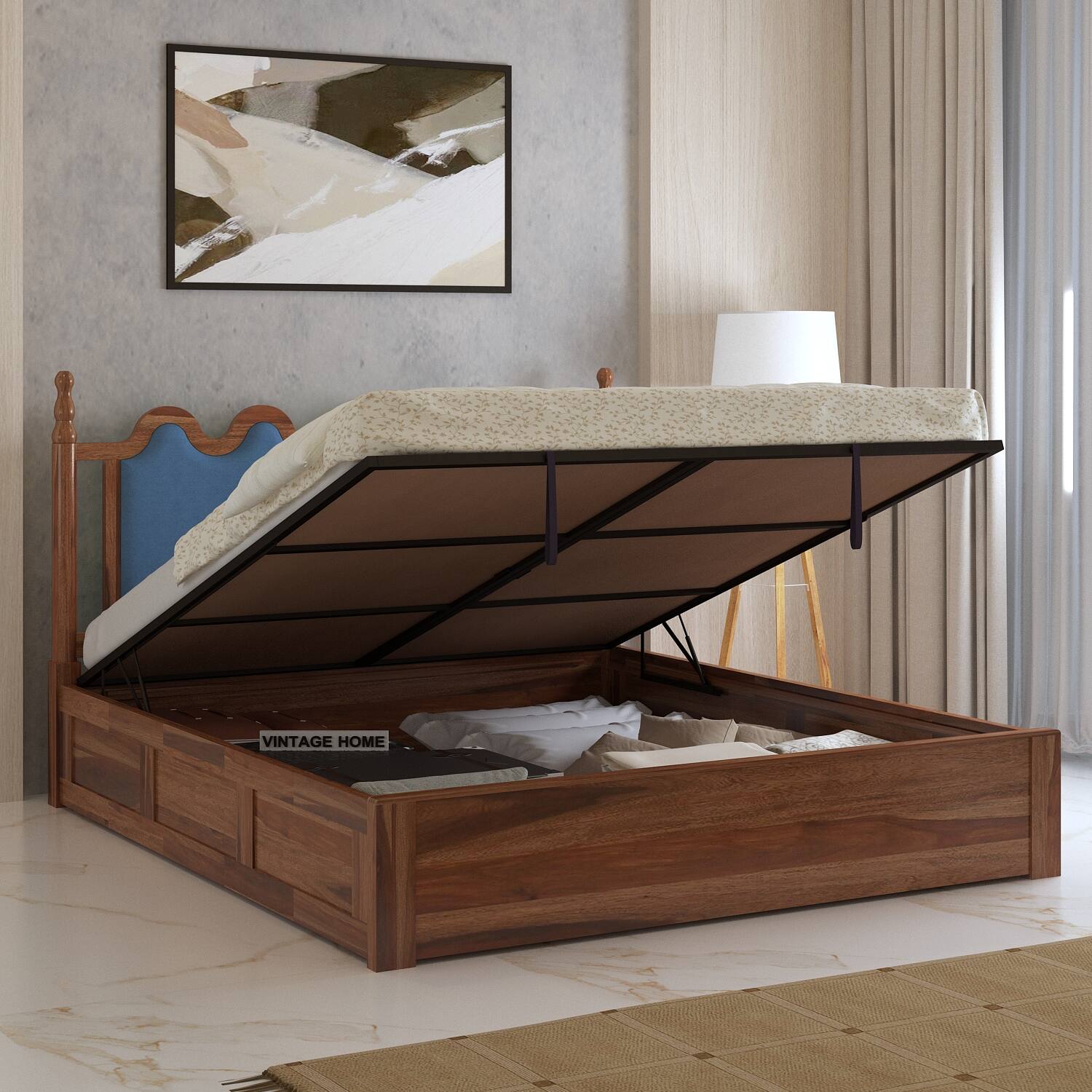 vintage home Tavora Sheesham Wood King Size Bed With Hydraulic Storage In Provincial Teak Finish-picture-14